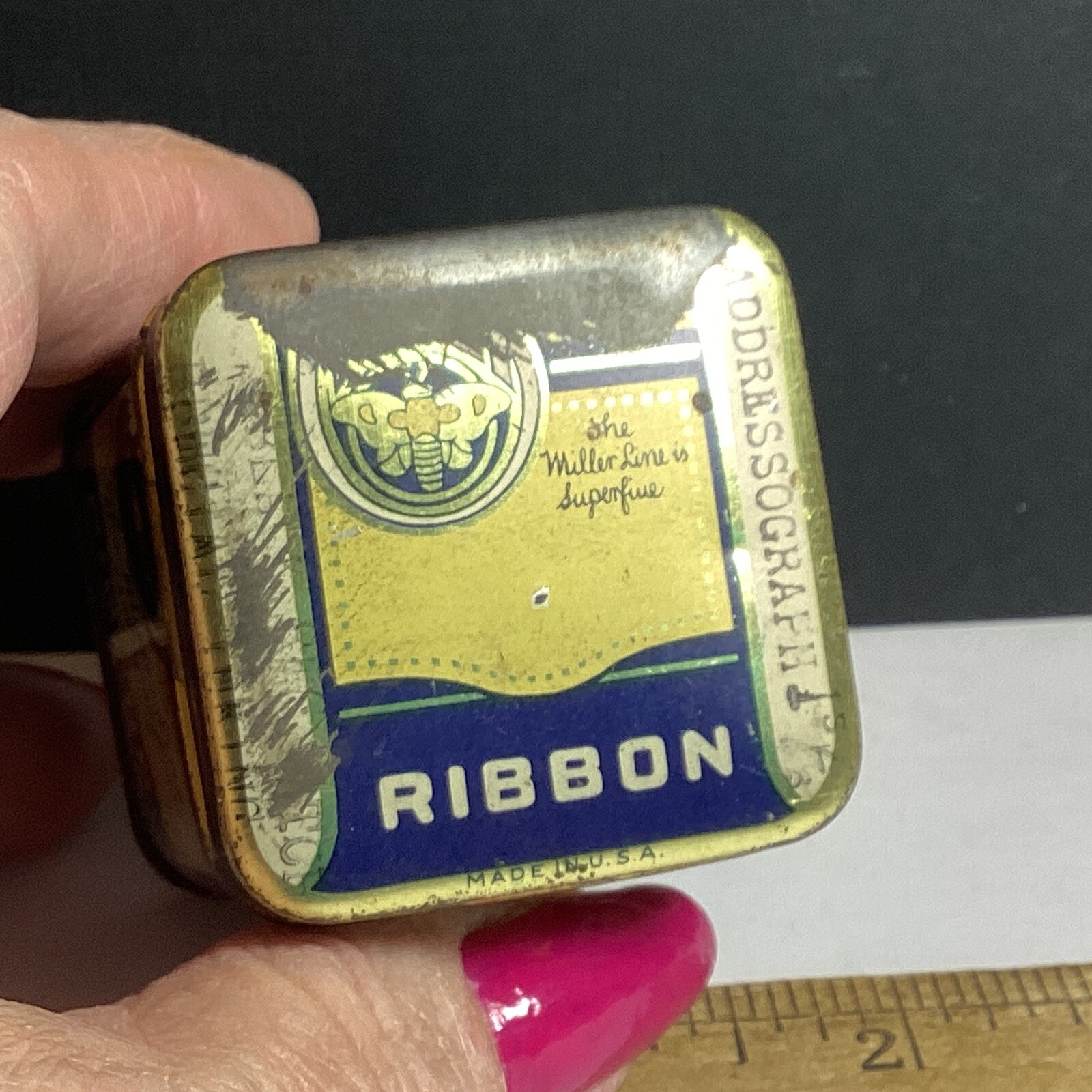 VTG LITHO TIN MILLER LINE ADDRESSOGRAPH TYPEWRITER RIBBON 2.5” X 1 3/4” Square