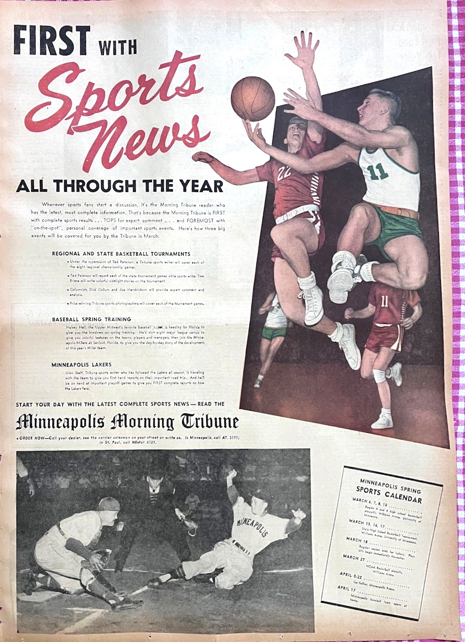 1951 full page newspaper ad for Minneapolis Tribune Sports Page, First with news