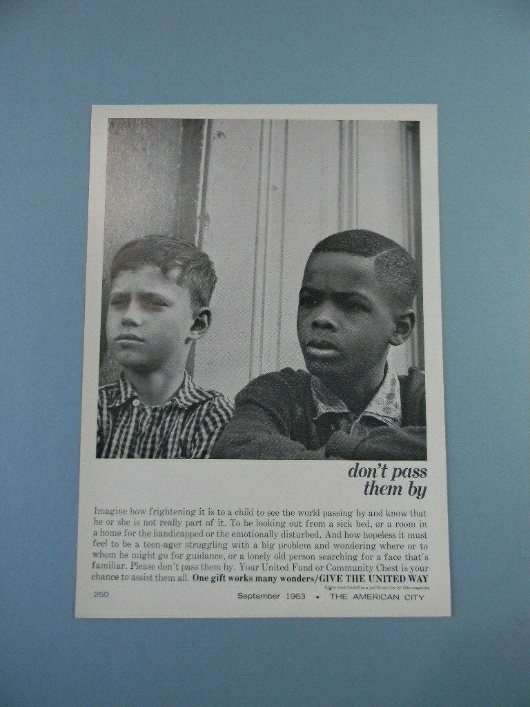 1963 THE UNITED WAY GIVE CAMPAIGN “DON’T PASS THEM BY” PROMOTIONAL ART AD