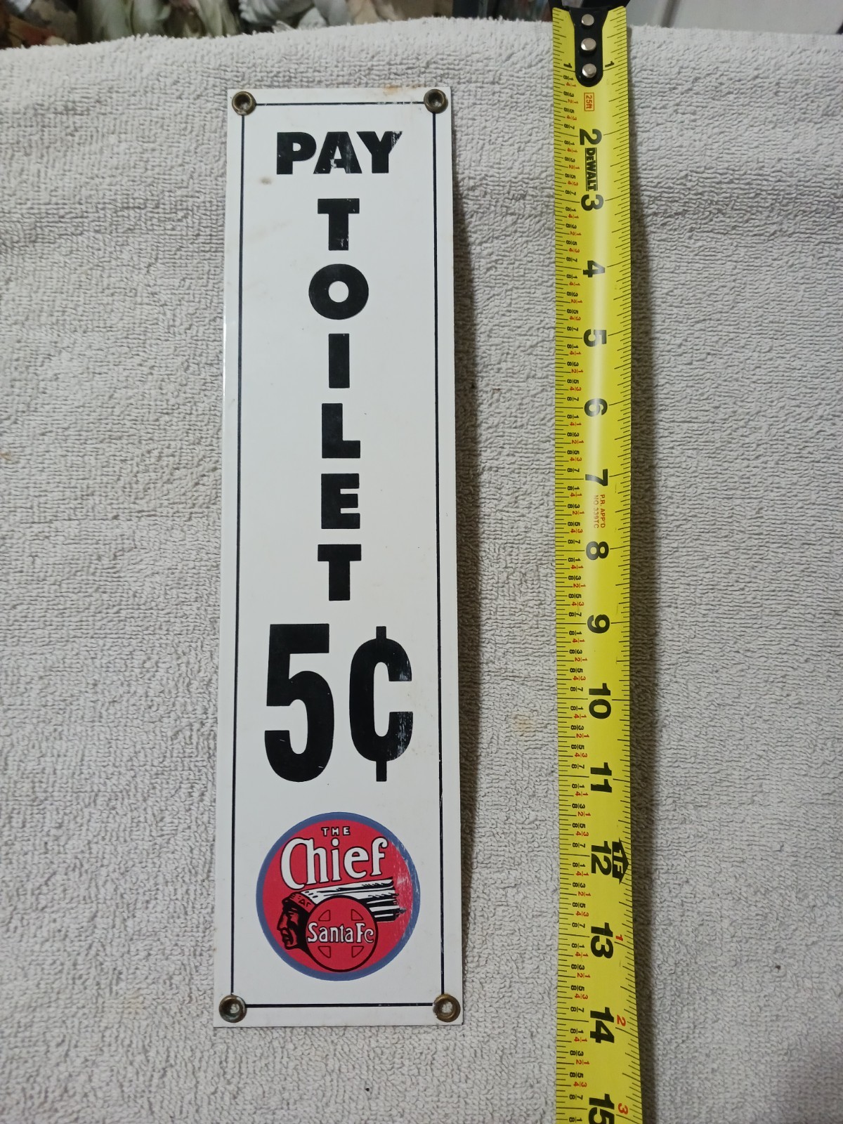 Ande Rooney Santa Fe Chief Pay Toilet 5¢ Reproduction Porcelain Sign