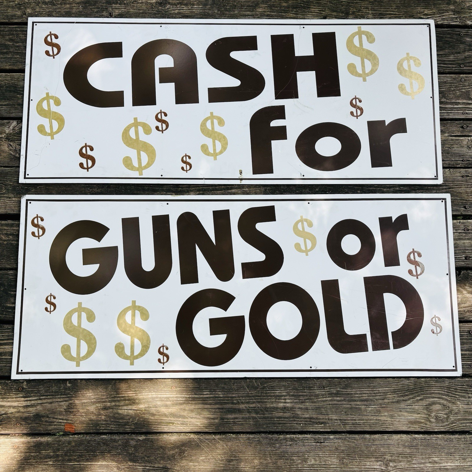 Set of 2 Aluminum Pawn Shop Signs “Cash for Guns or Gold” 19.5×48 Vintage 90s