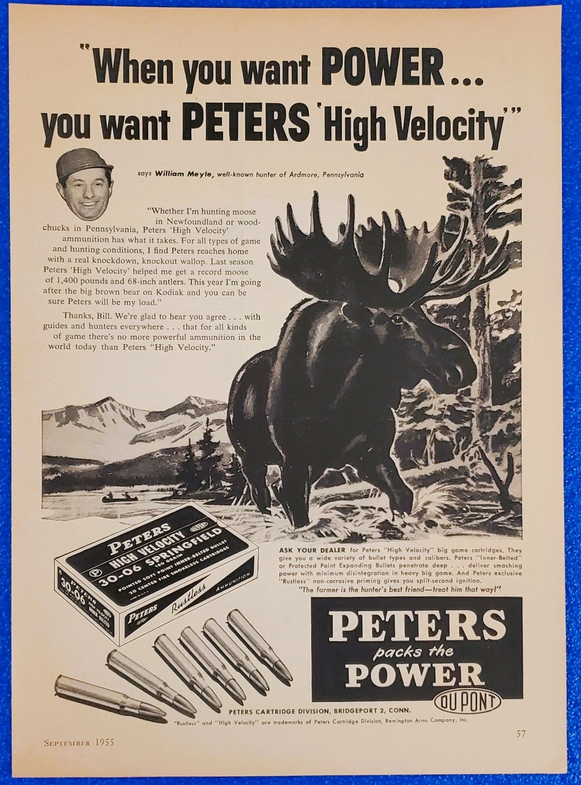 1956 Peters High Velocity Ammunition 30-06 Springfield Rifle Ammo Moose Print Ad