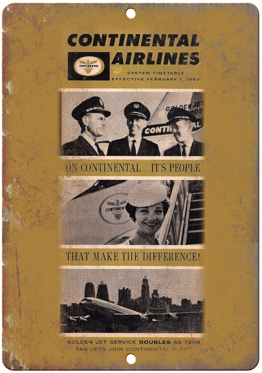 Continental Airlines Vintage Travel Ad 12″ x 9″ Reproduction Metal Sign T190