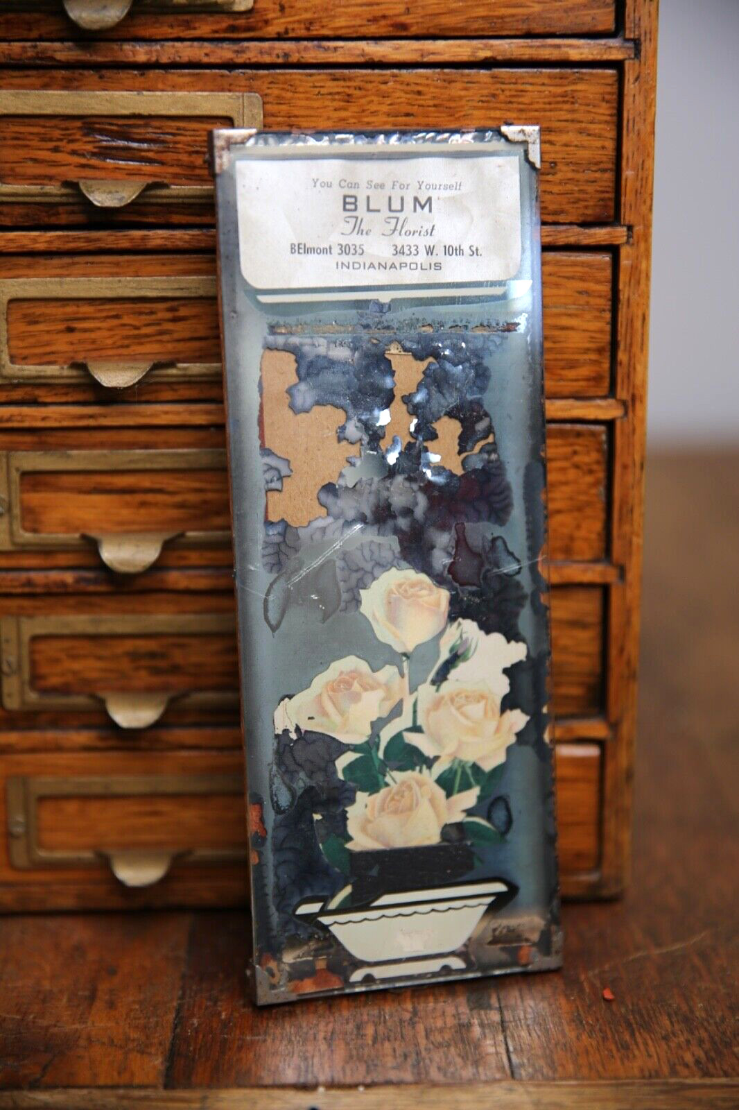 Vintage Blum Florist Indianapolis Glass Advertising Mirror Sign Flowers antique