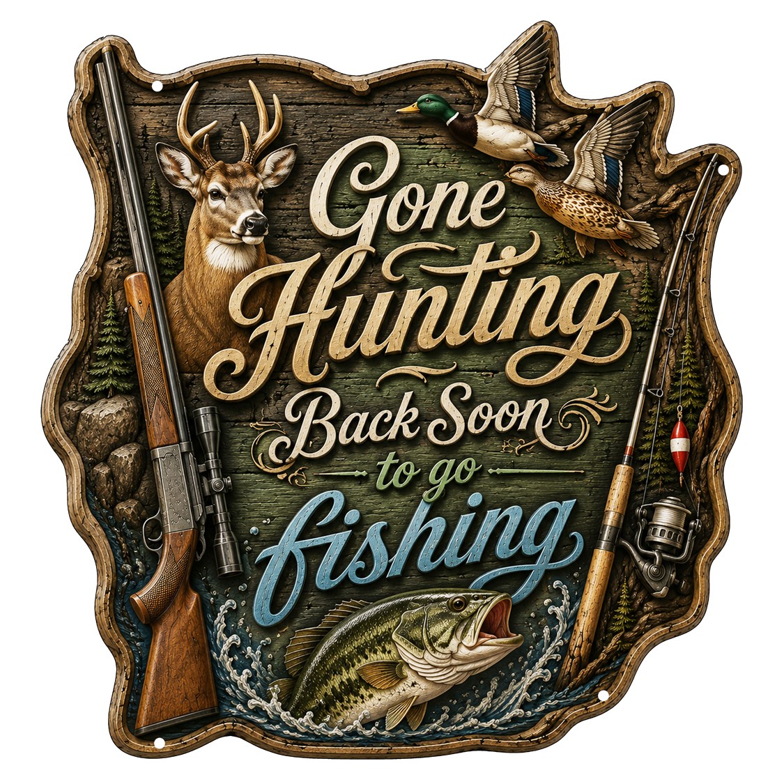 Gone Hunting, Be Back Soon to Go Fishing 18×17 Laser Cut Sign