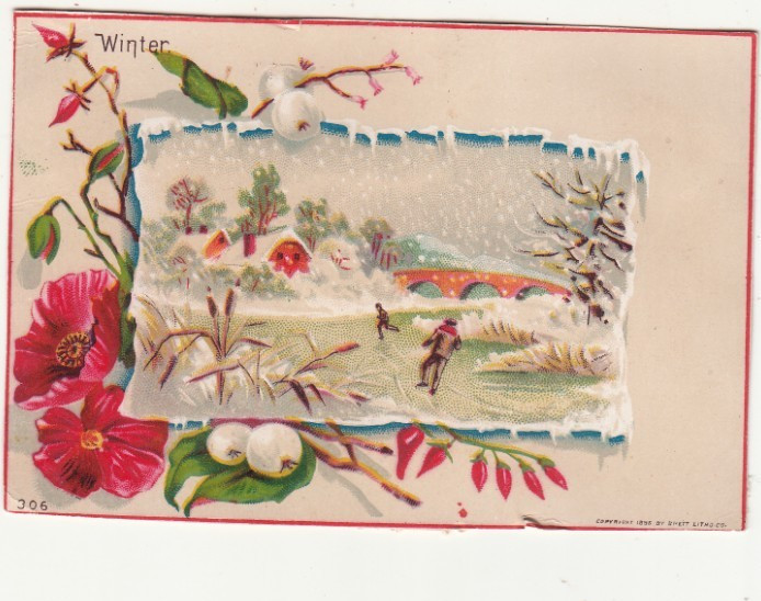 Winter Ice Skating on Frozen Pond Flowers No Advertising Vict Card c1880s