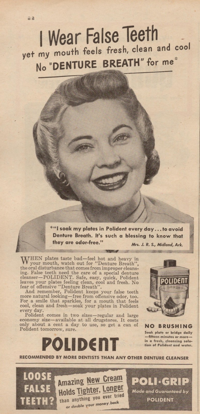 1948 Polident Vintage Print Ad Midland Arkansas Denture Cleanser Retro Health