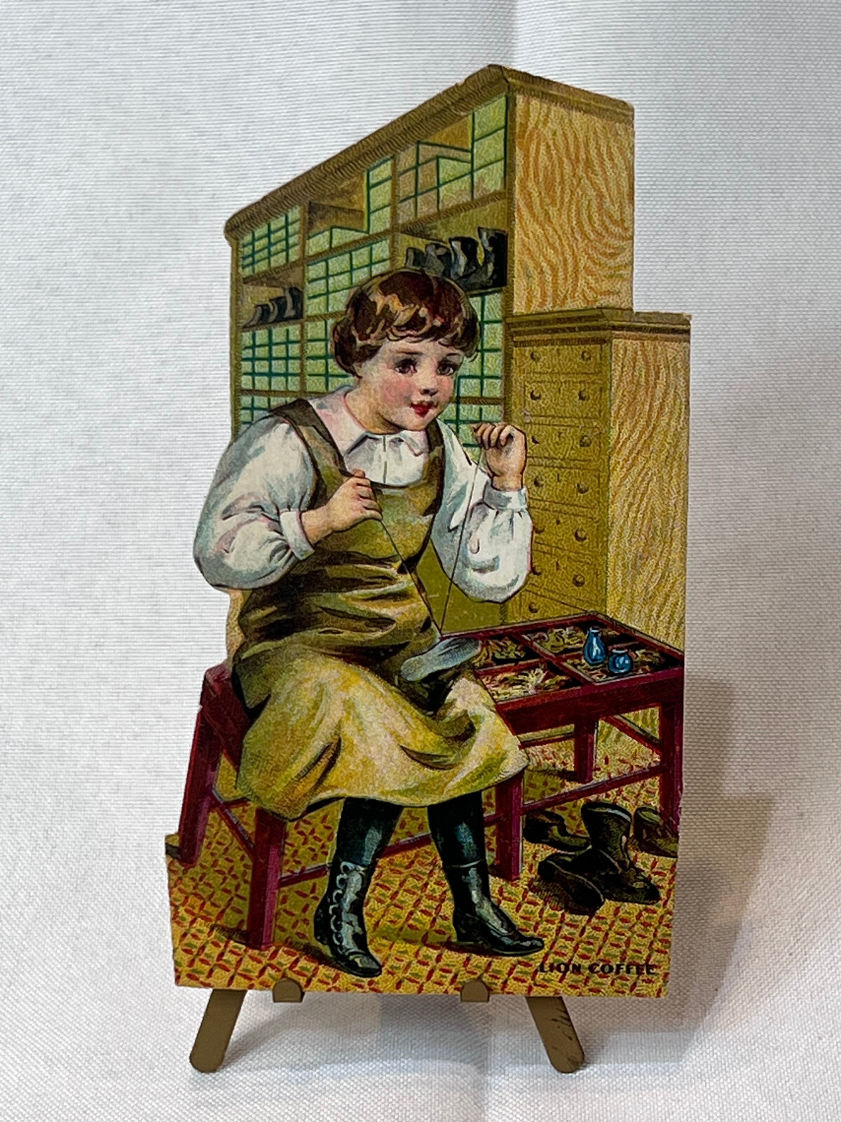 Lion Coffee Victorian Trade Card No. 7 The Shoemaker Paper Advertising Die Cut