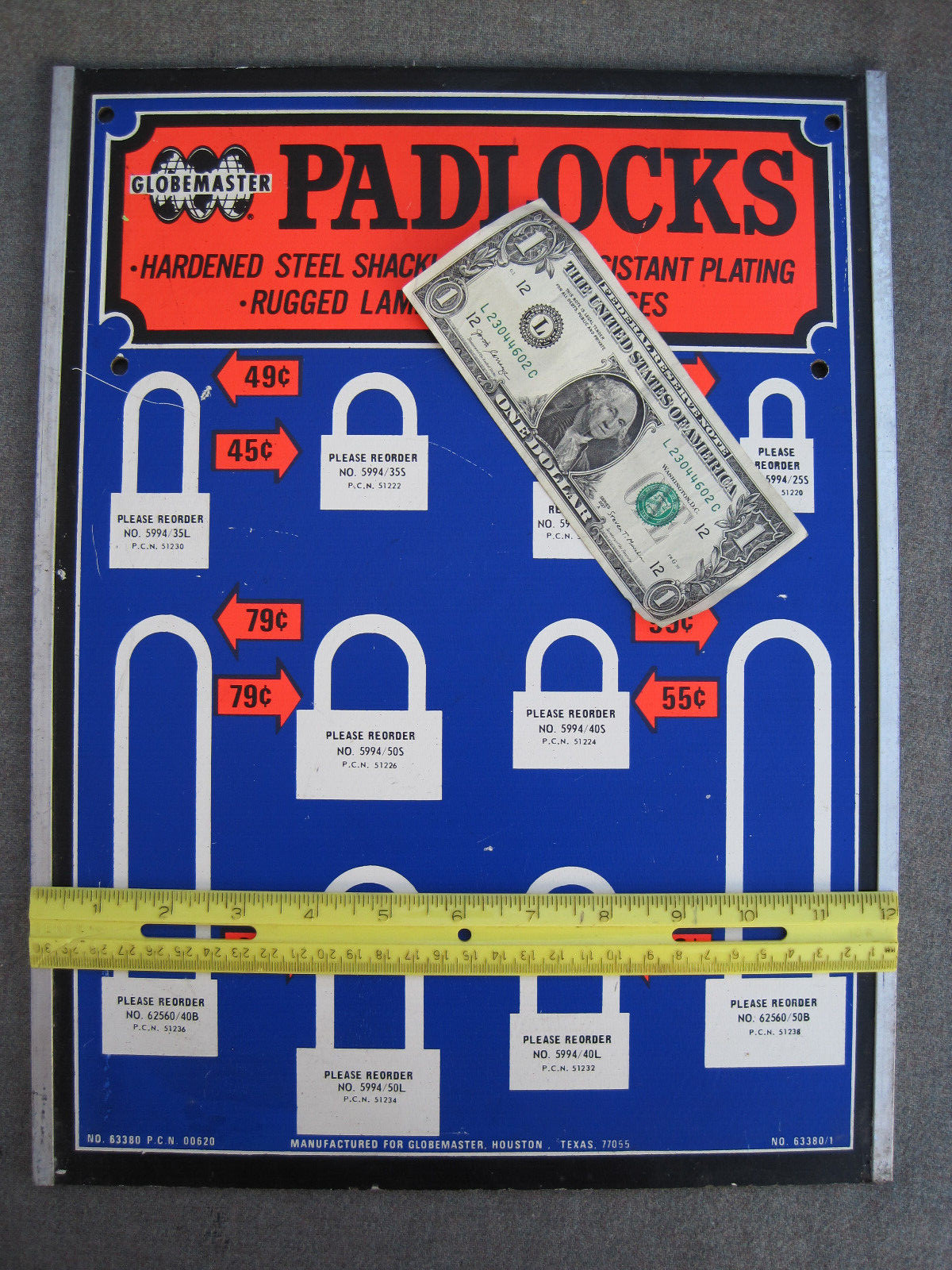 VTG 1960s GLOBEMASTER LOCKS PADLOCKS STORE DISPLAY MASONITE SIGN HOUSTON TEXAS