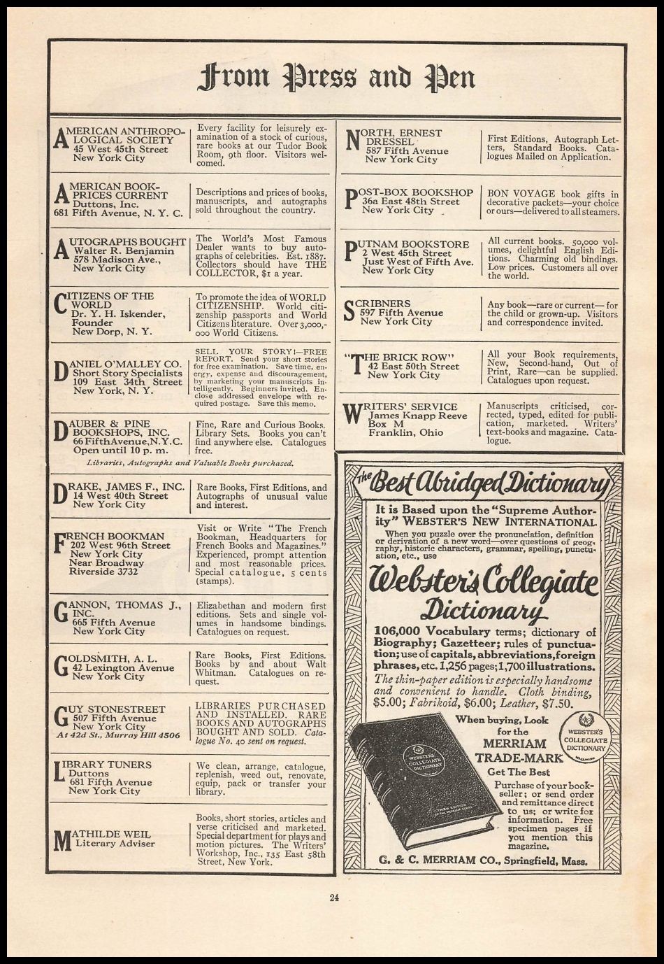 1929 G & C Merriam Webster’s Collegiate Dictionary $5.00 Offer Vintage Print Ad