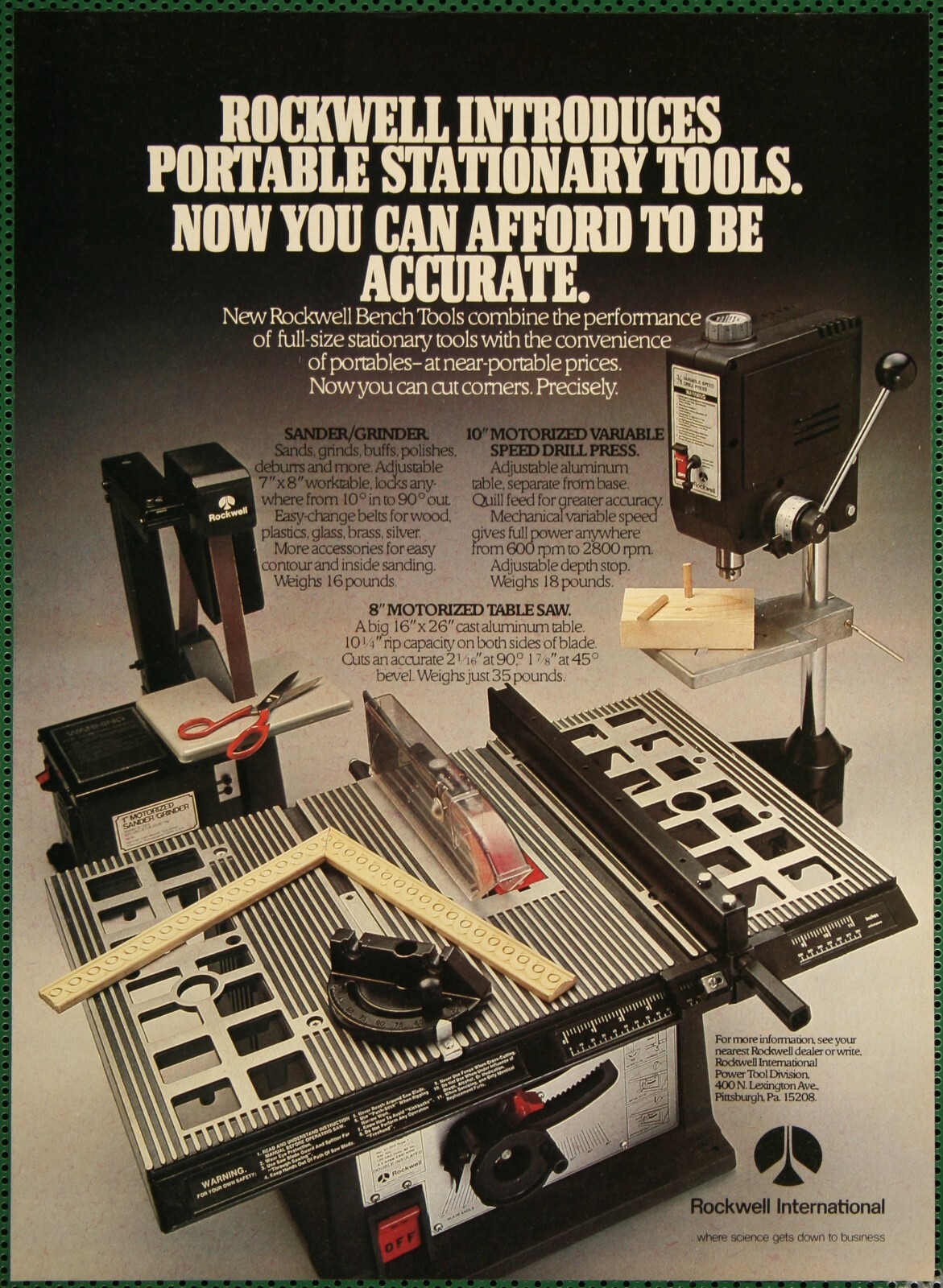 Rockwell Bench Tools Drill Press Table Saw Sander Vintage Print Ad 1979