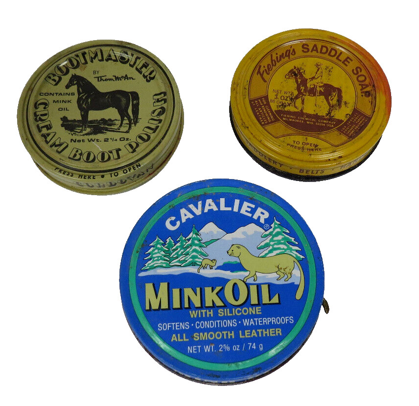 3 VTG Collector’s Tins Mink Oil, Saddle Soap, Thom McAn Bootmaster Creme FULL