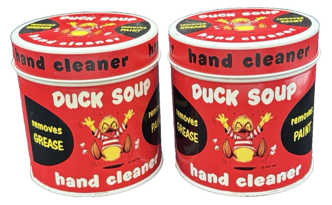 2 Vintage 1955 Duck Soup Hand Cleaner 17oz Tin Grease Paint Remover Old Stock