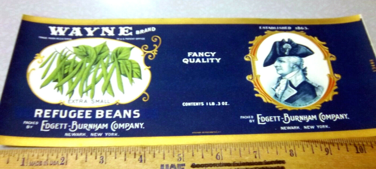 Vintage Original 1920s Embossed Wayne Brand, Refugee Beans can label, NEW