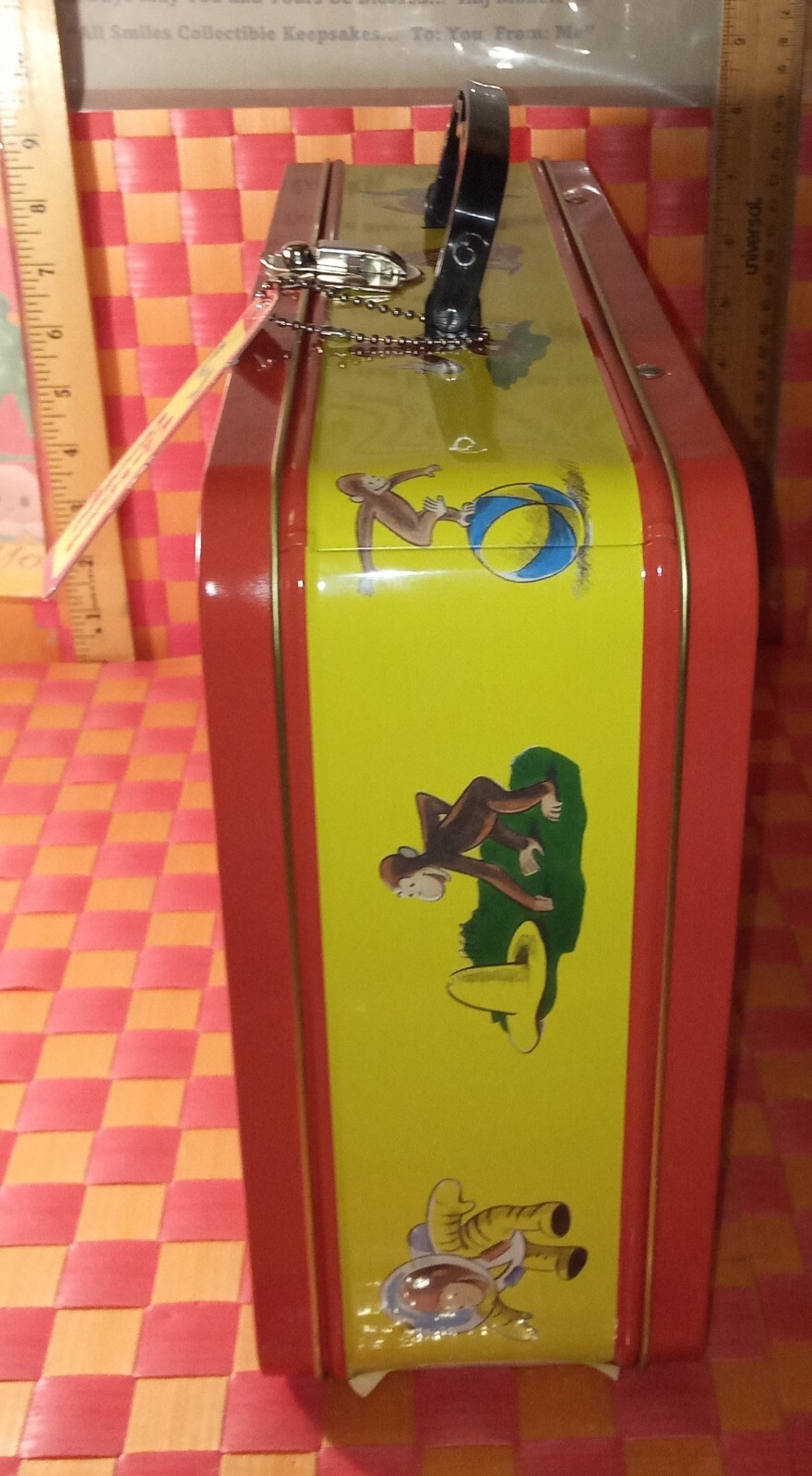 Curious George, collectible tin, vtg w/tag, 13 1/4″ L by 9 3/4″ H by 4 1/4″ W