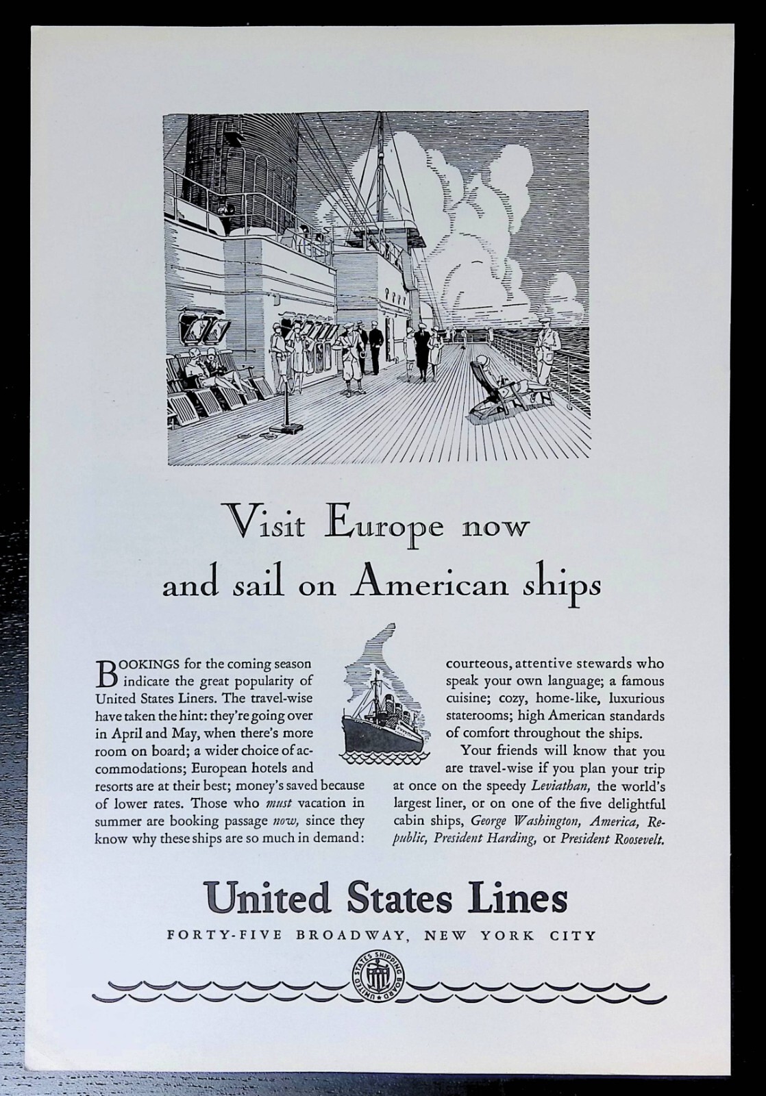 Print Ad 1929 United States Line Ships Harding Roosevelt Republic Broadway NY