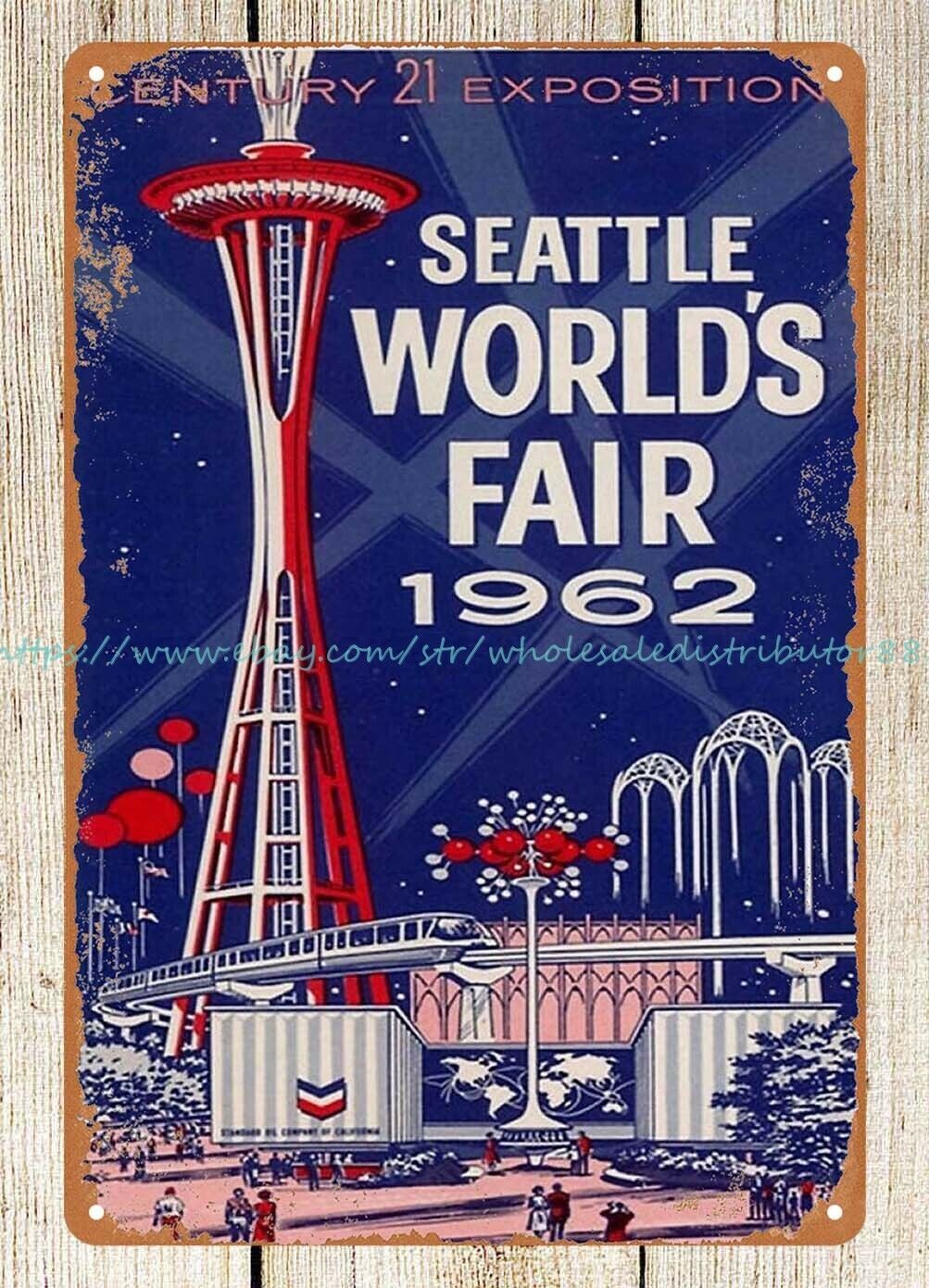 1960s Seattle World’s Fair Seattle Cityscape Travel Souvenir Poster metal tin