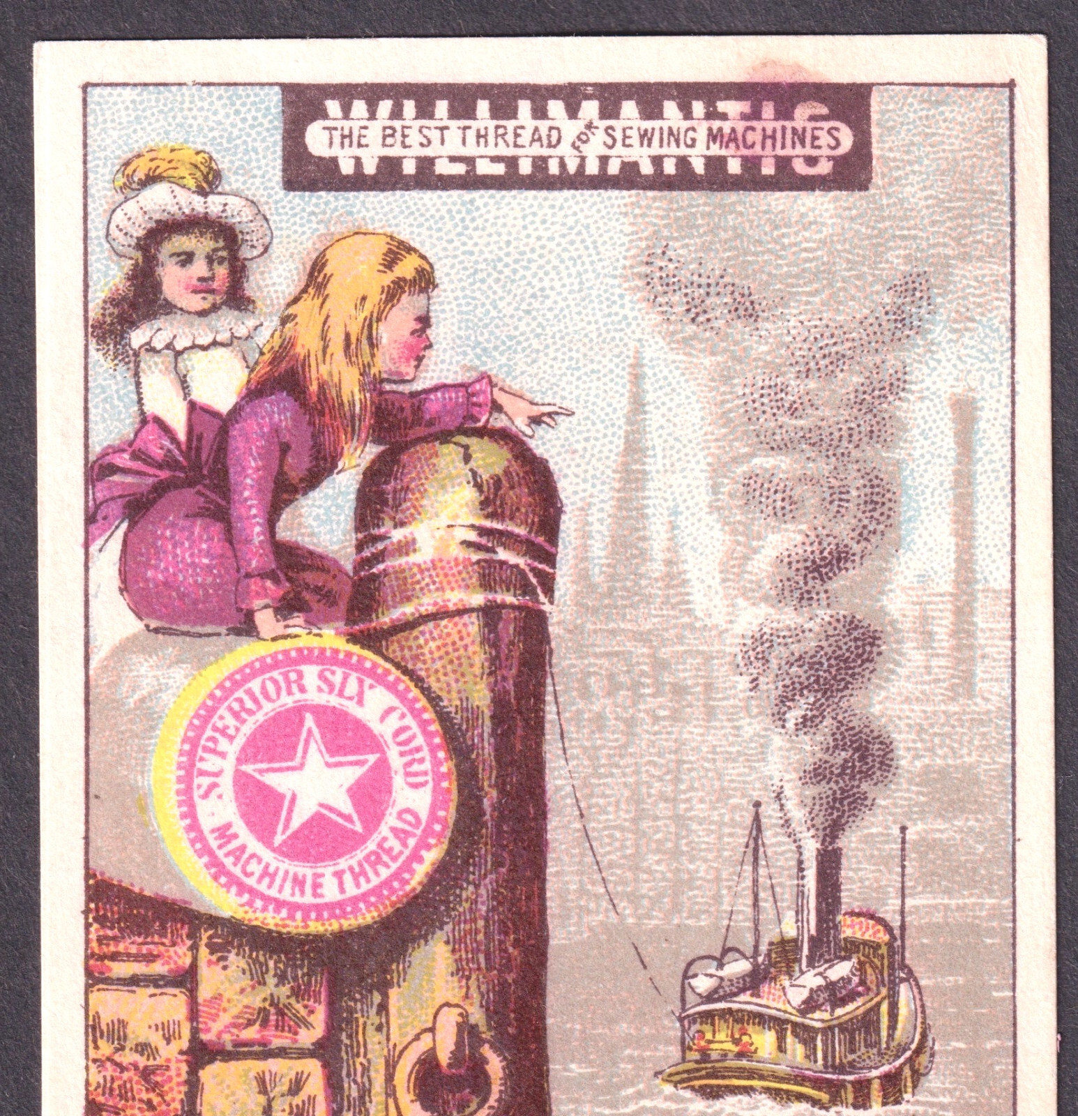 Willimantic Sewing Thread Linen Spool Ad Ship Dock Fantasy Victorian Trade Card