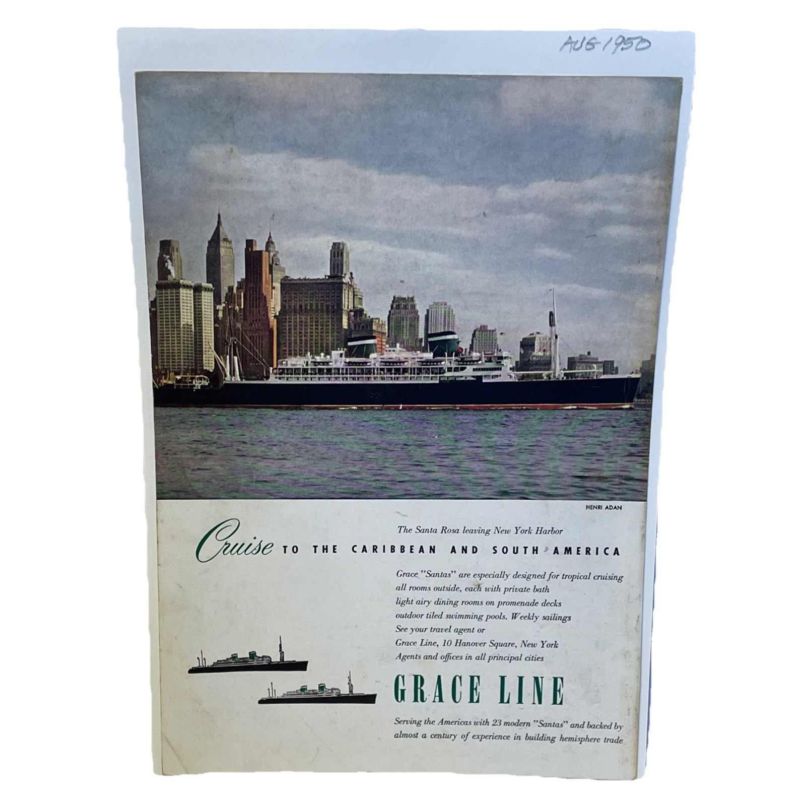 1950 Grace Line Vintage Ad Santa Rosa Ship NYC Harbor Caribbean Cruise Travel