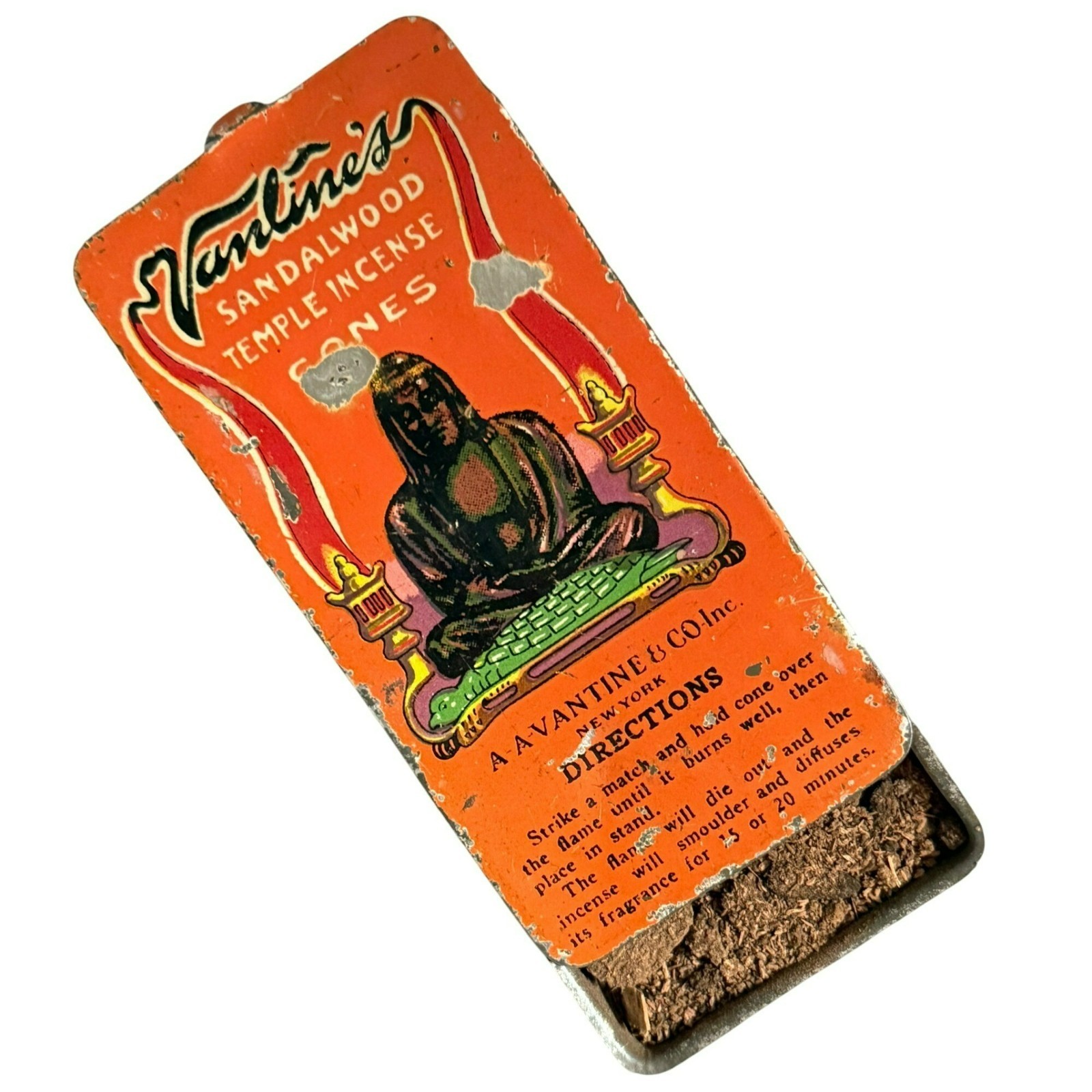 Old Vantine’s Advertising Tin Sandalwood Temple Incense Art Deco Buddha Ca:1920s