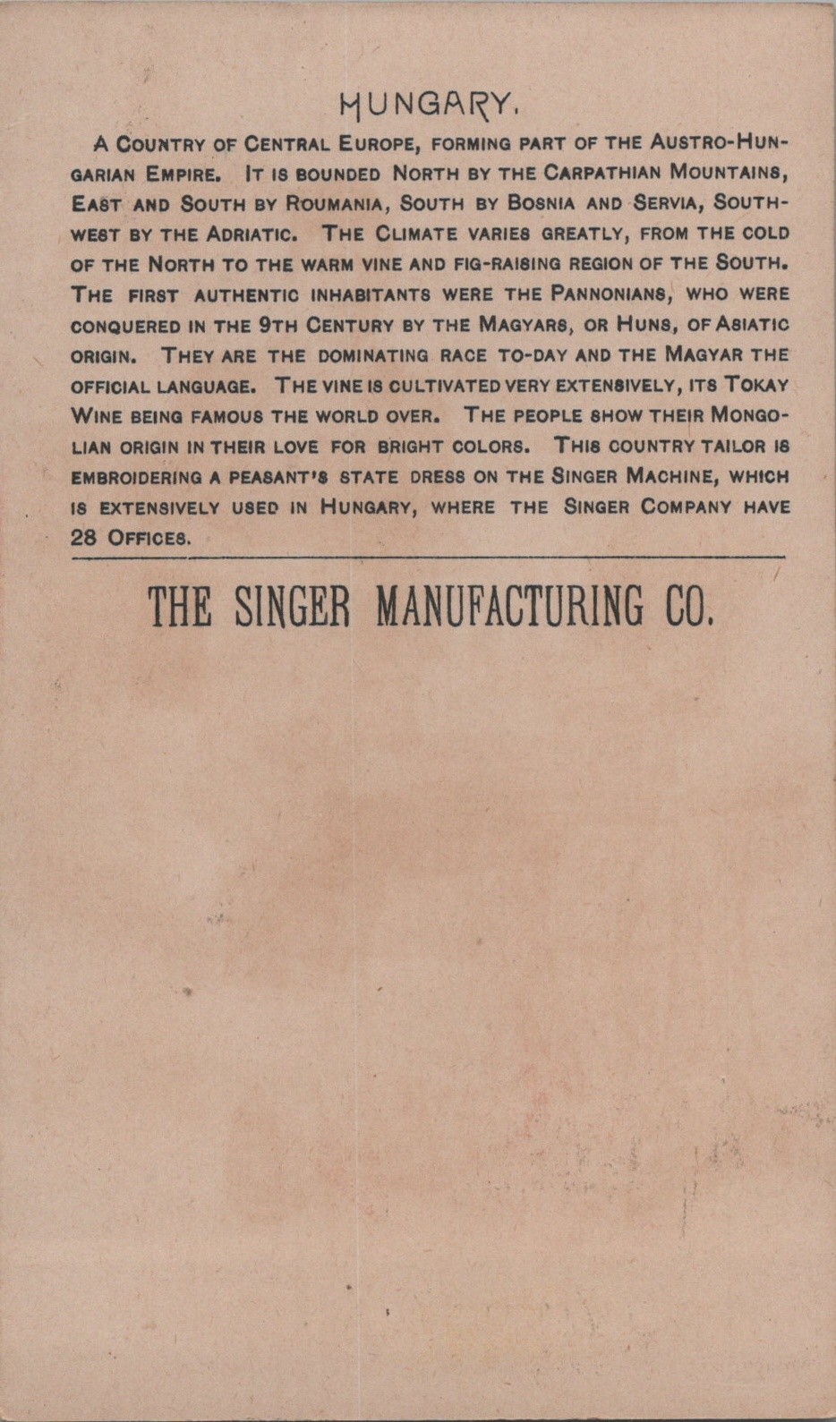 c1892 Singer Manufacturing Co. Sewing Trade Card HUNGARY Costumes of All Nations