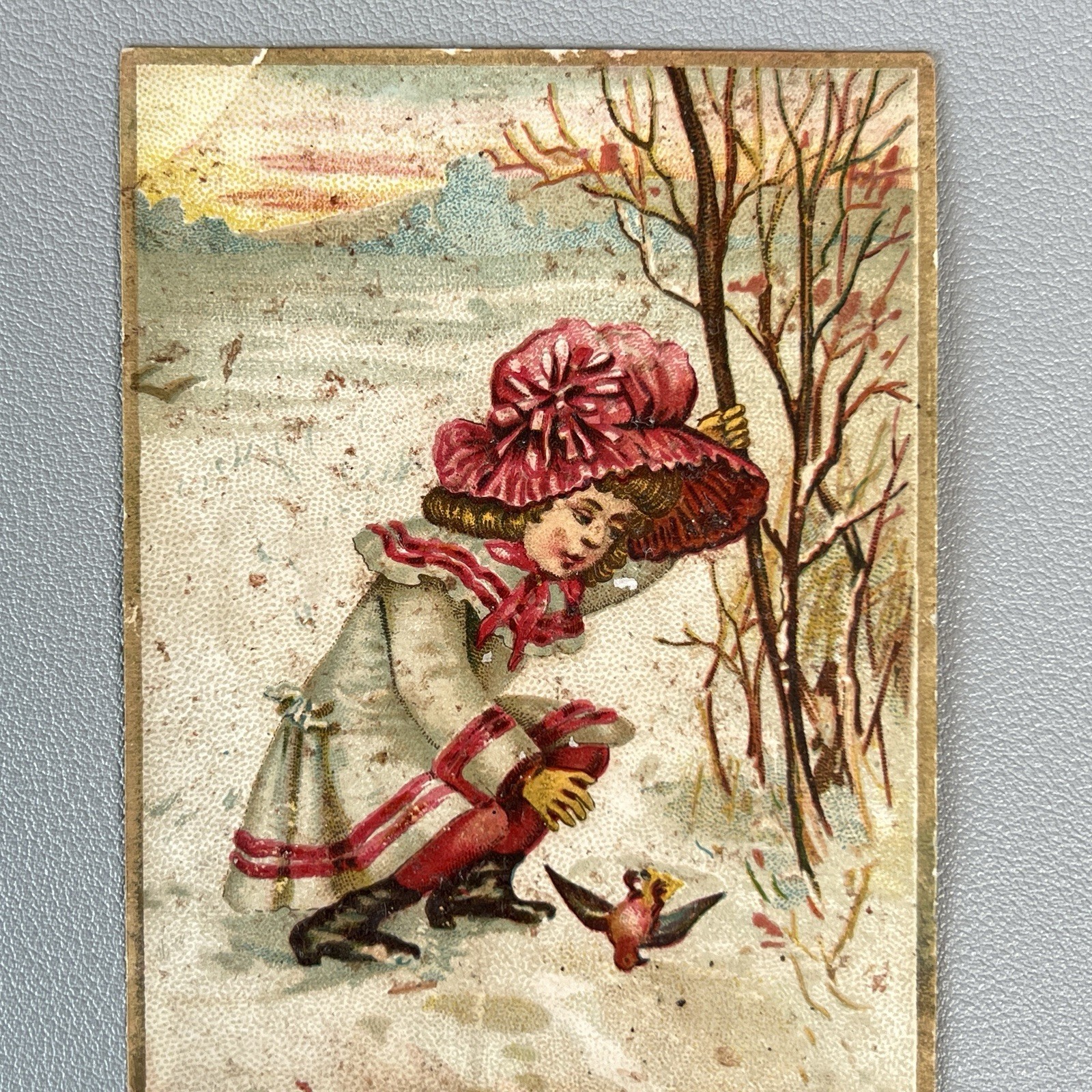 Victorian Trade Card Lang & Bro Boots Shoes Allegheny PA Girl Red Bonnet Bird
