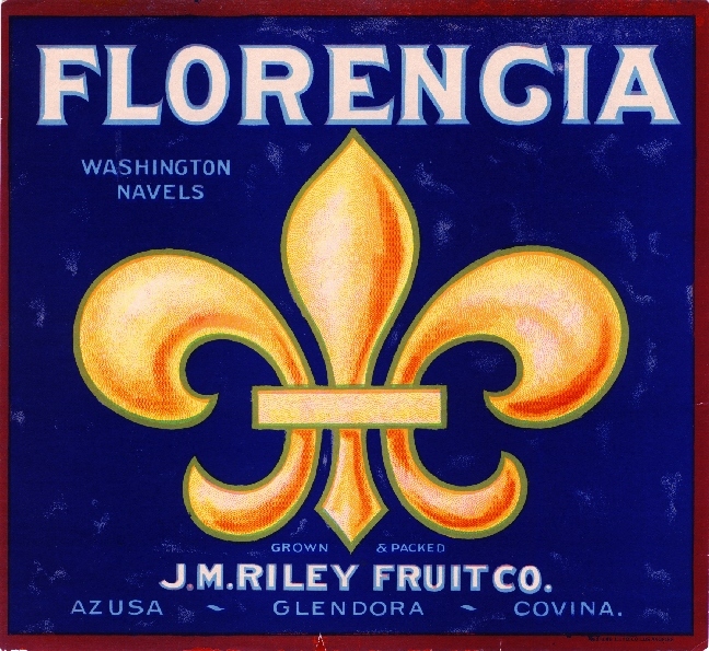 Azusa Glendora Florencia fleur de lis Orange Citrus Fruit Crate Label Art Print