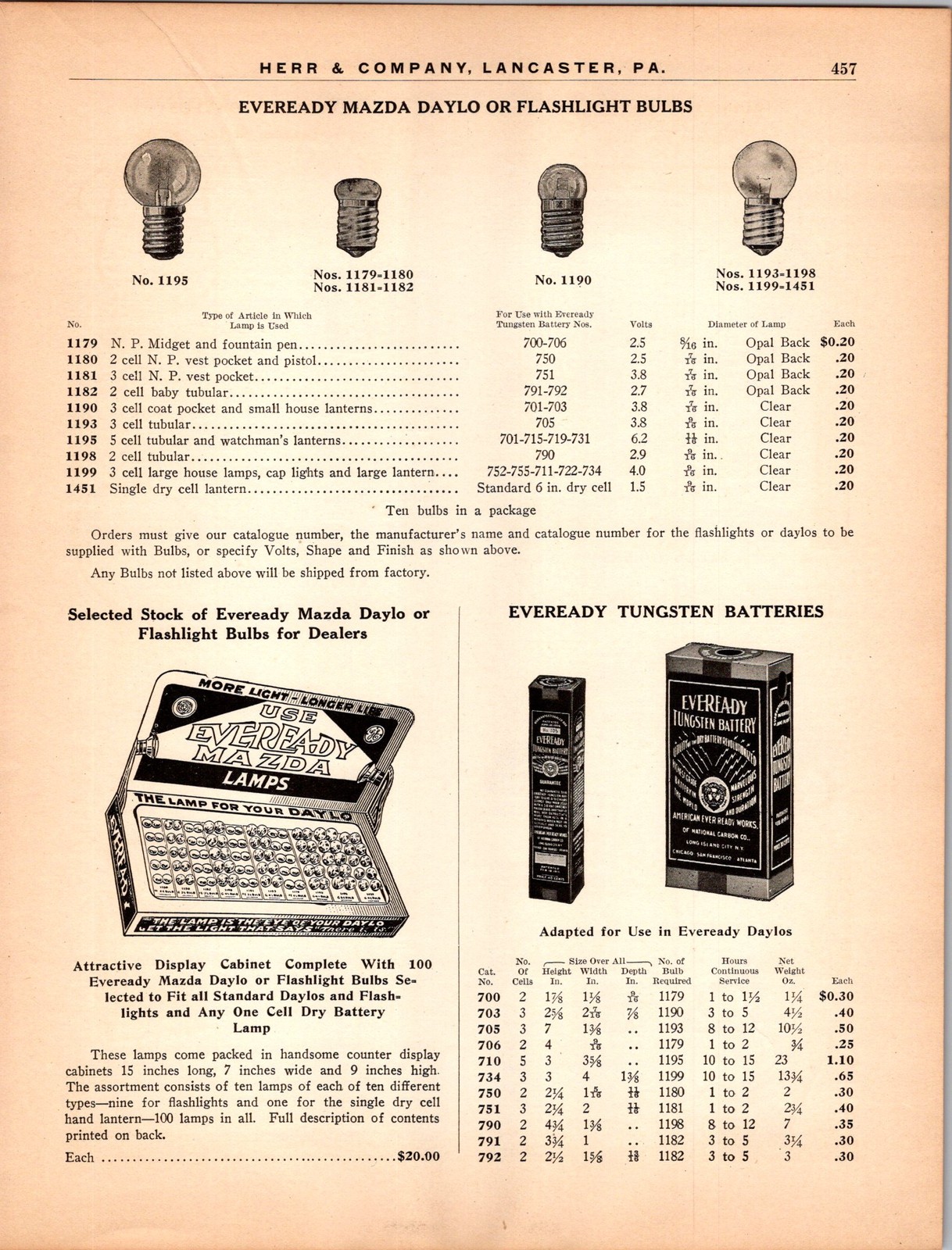 1910s Herr & Co. Lancaster PA Catalog Page Eveready Bulbs Batteries & Oiler Ads