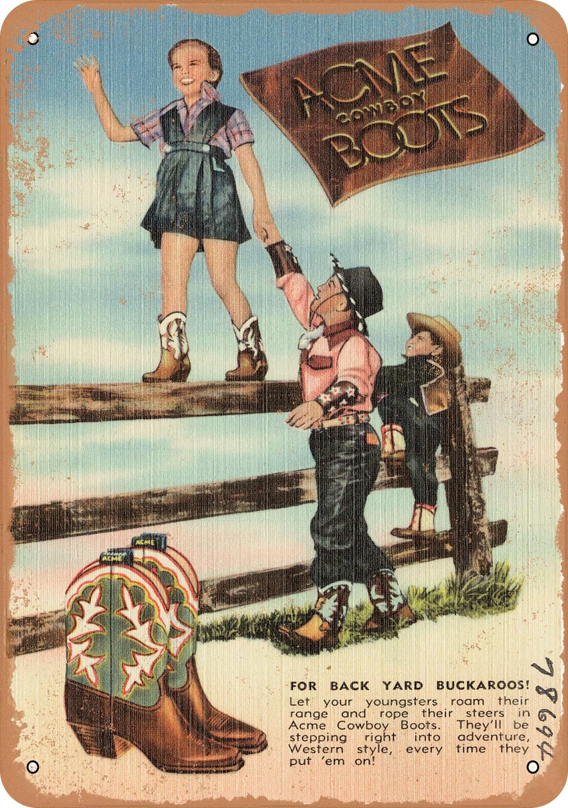 Metal Sign – Illinois Postcard – Acme Cowboy Boots, for backyard buckaroos