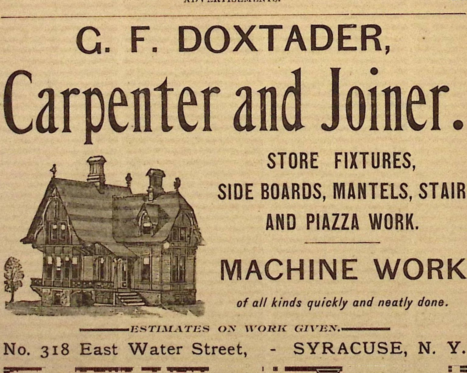 1895 Syracuse NY G.F. Doxtader Carpenter Joiner Mantels Piazza Work 3.5×5″ Ad