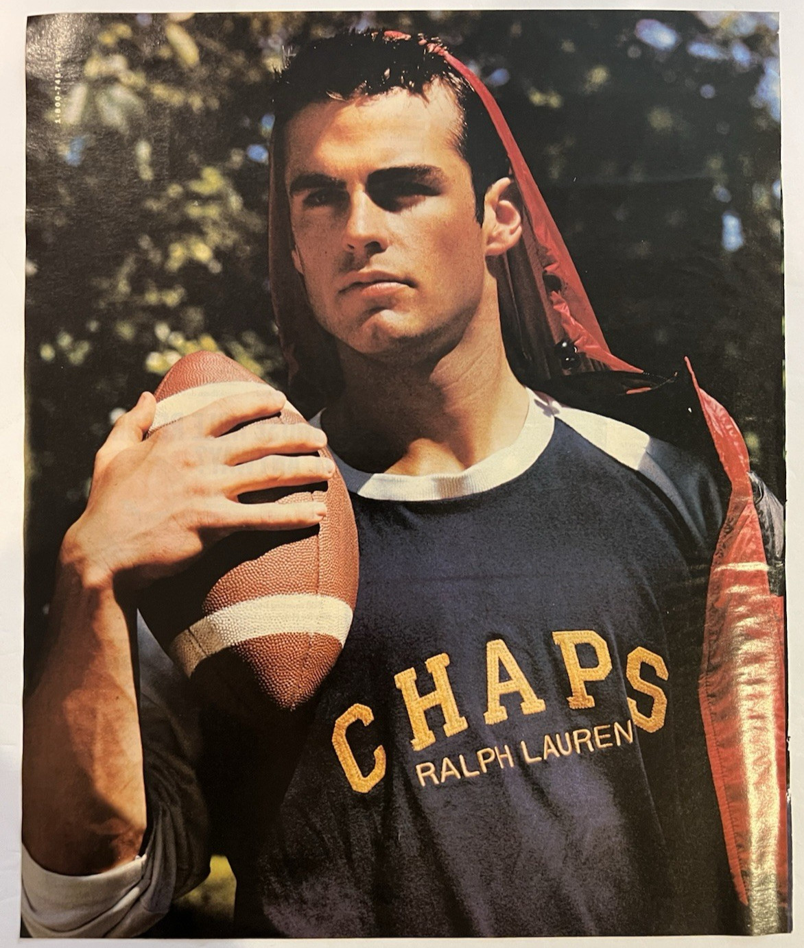 Vtg 1990s AD-Ralph Lauren Chaps-Male Model Clutching Football-Hooded Jacket