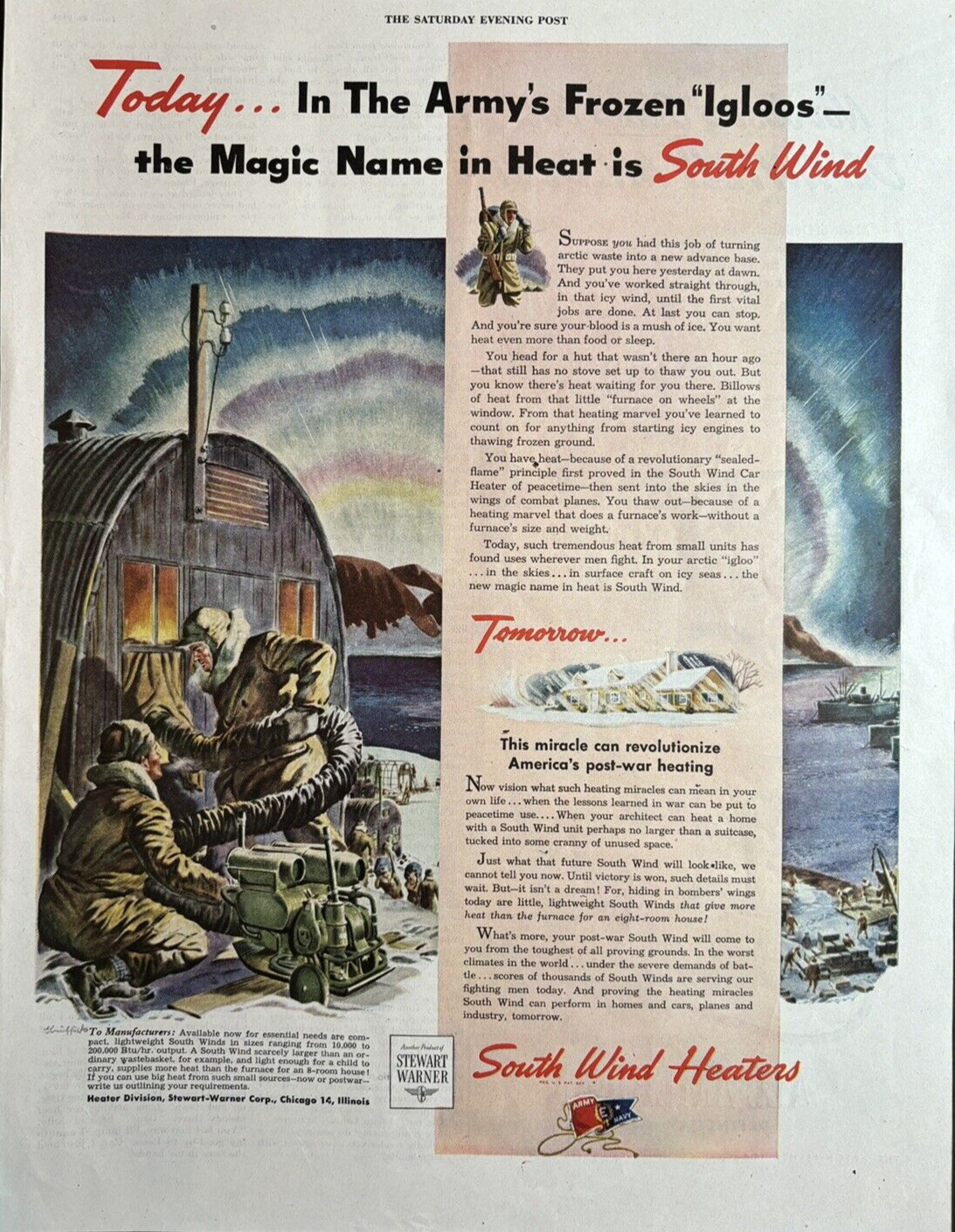 1944 South Wind heaters Product Of Stewart Warner Igloo WW II Vintage Print Ad