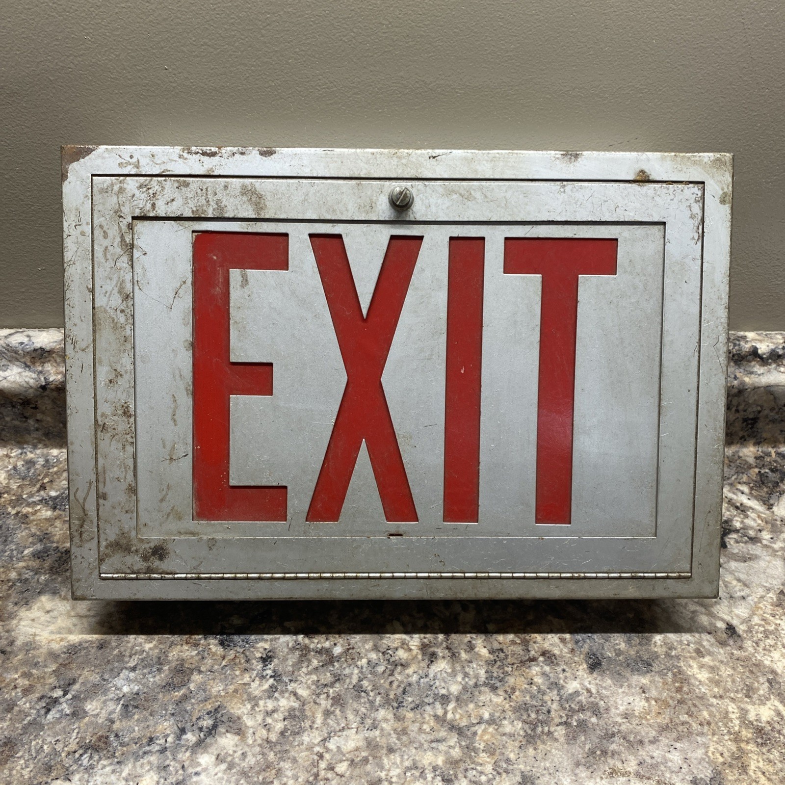 Vtg Art Metal Dual Bulb Red Lighted Exit Sign Unpunched 13.5 x 9.38 x 3.75
