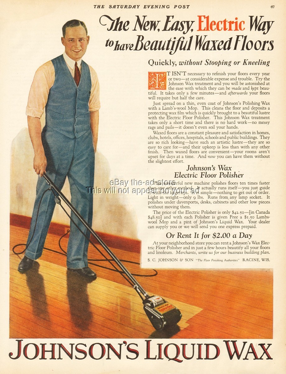 1926 S. C. Johnson & Son Racine WI Liquid Wax Electric Floor Polisher Print Ad