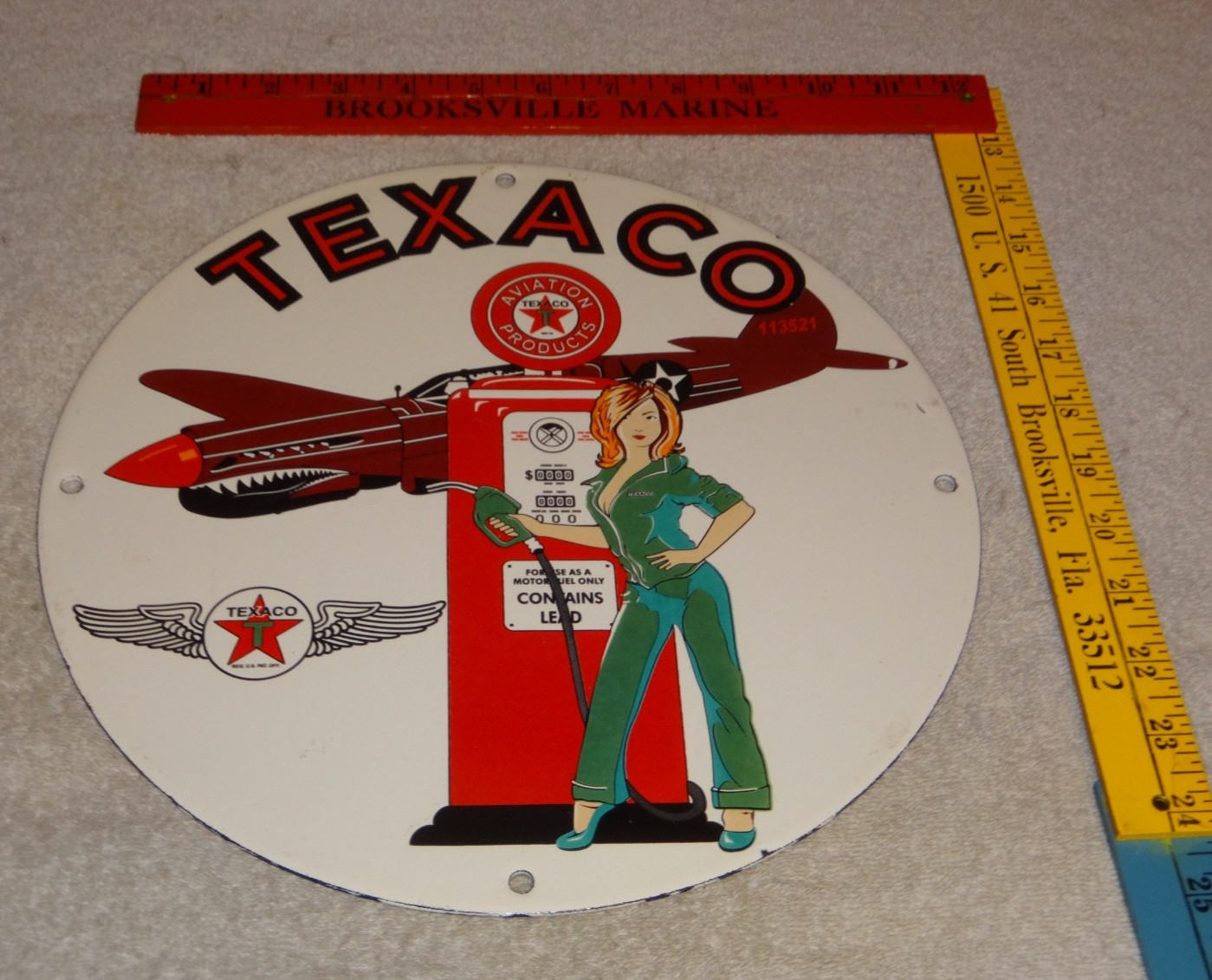 VINTAGE TEXACO AVIATION FEMALE MODEL WW2 AIRPLANE 11 3/4″ PORCELAIN GAS OIL SIGN