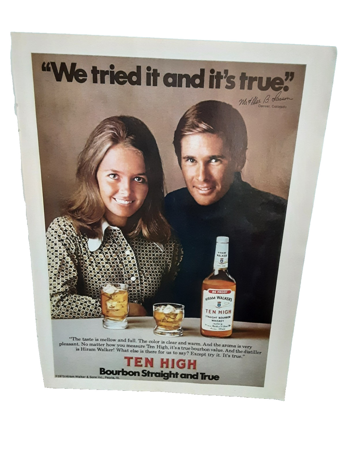1974 Ten High Bourbon Whiskey Vintage Ad Hiram Walker Print True Taste