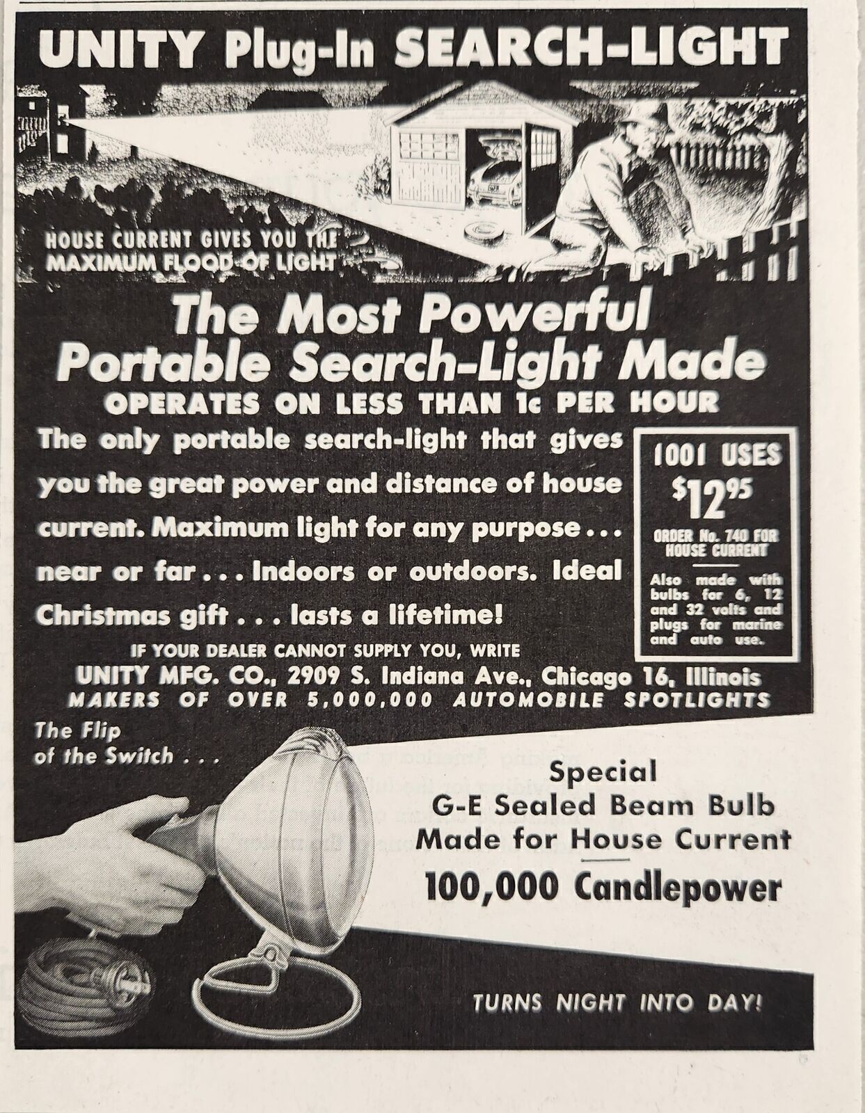 1951 Print Ad Unity Plug-In Portable Search Lights GE Sealed Beam Chicago,IL