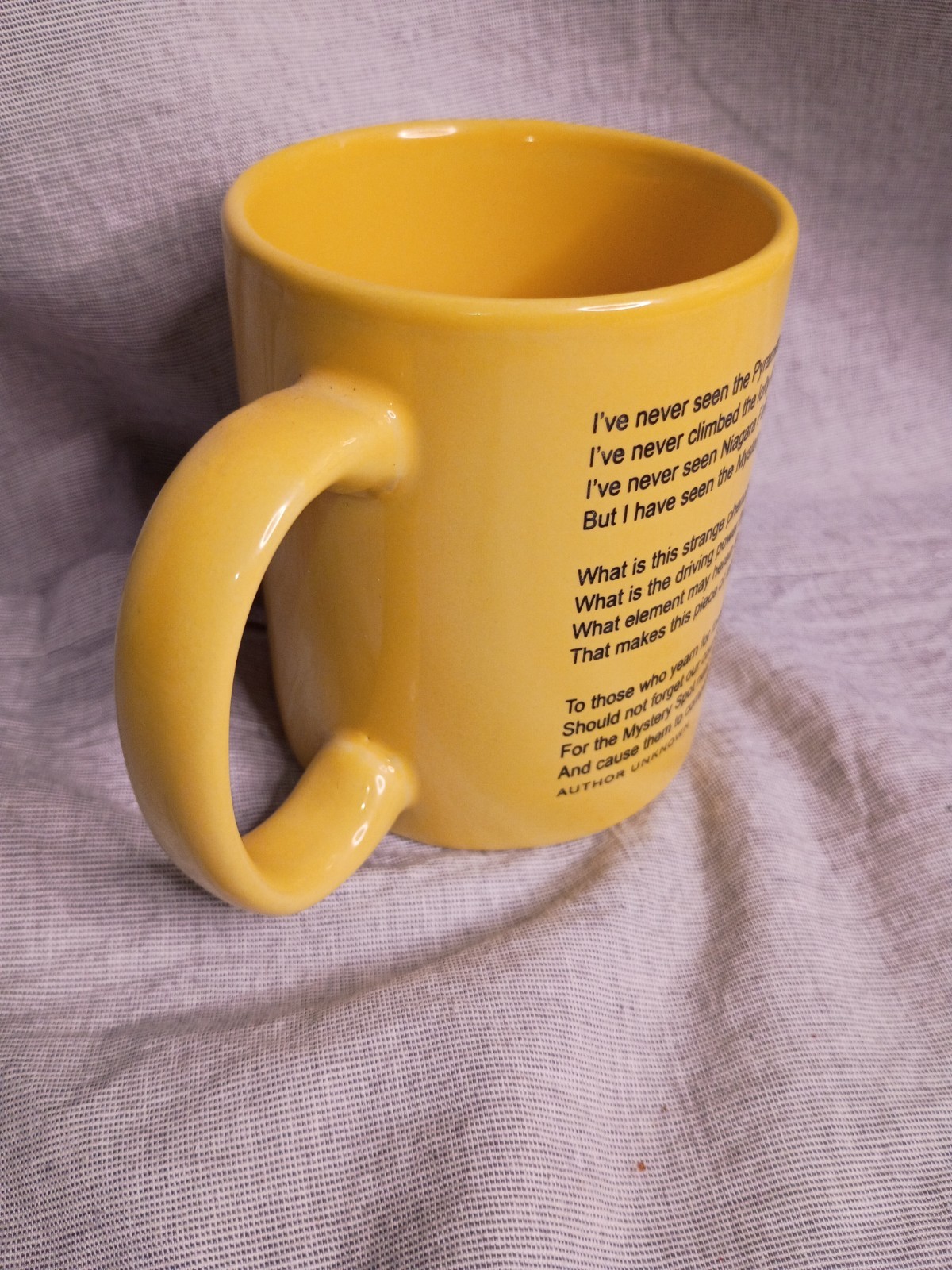 Santa Cruz The Mystery Spot California U.S.A. Mug Logo Spellout Poem Text Yellow