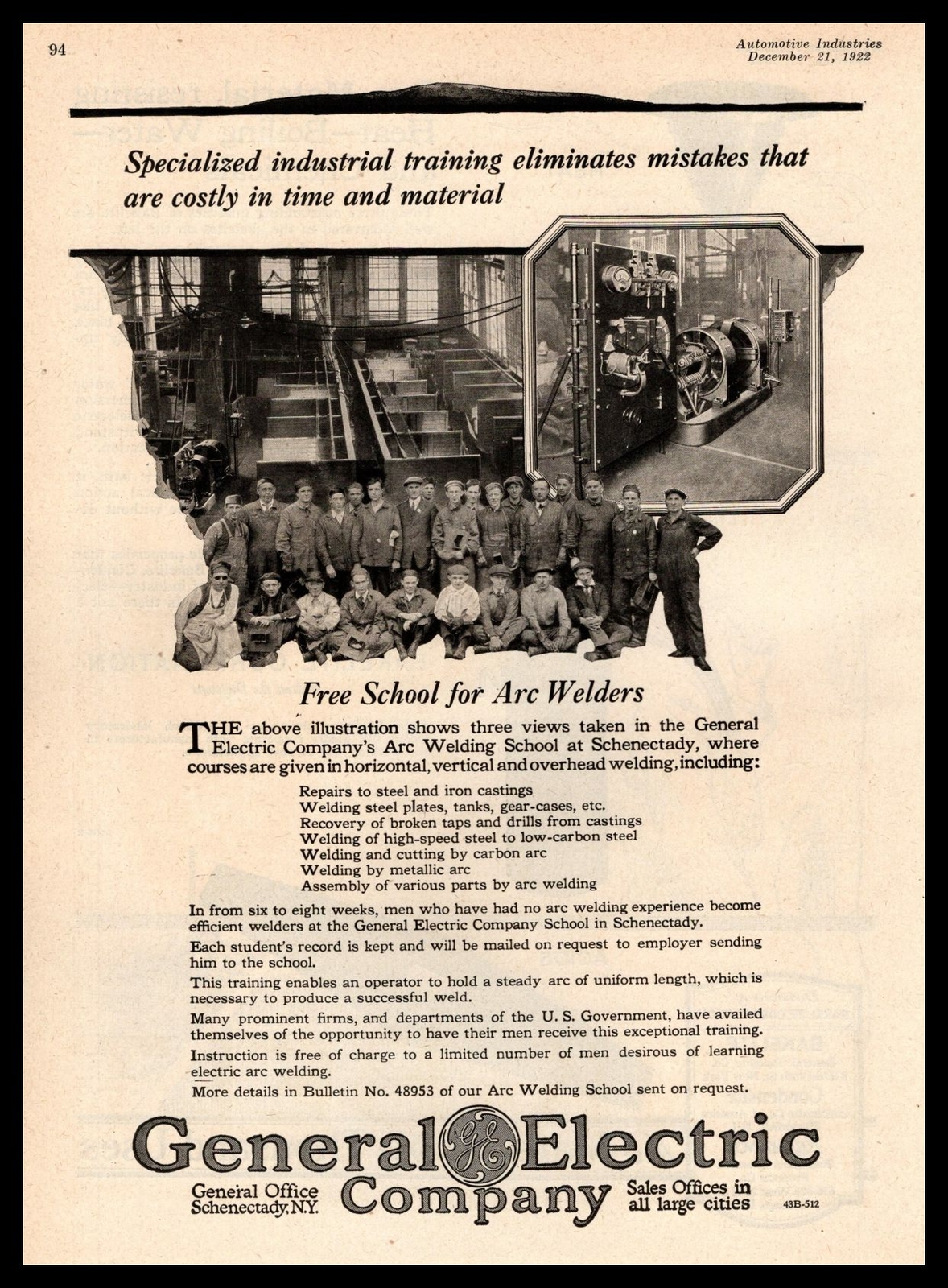 1922 General Electric Schenectady NY Free Arc Welder School Class Photo Print Ad