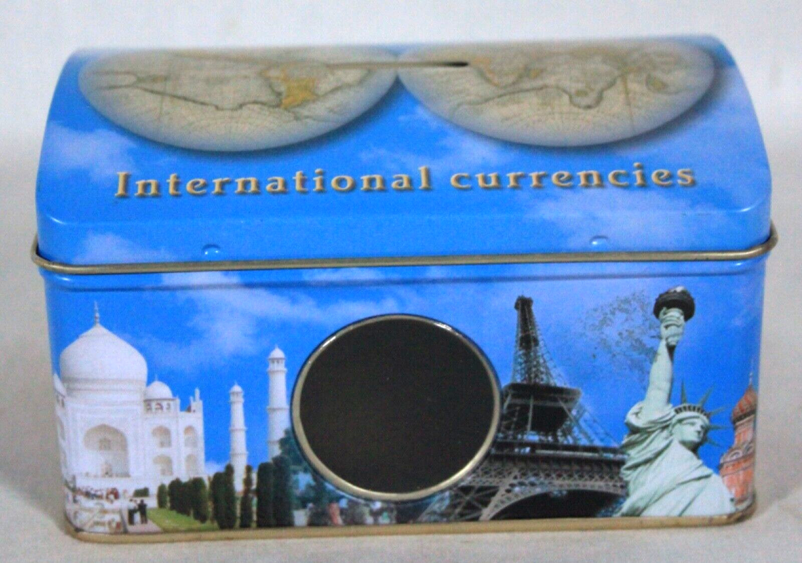 2007 CHOCOLATE COINS INTERNATIONAL CURRENCIES SLOT DOMED COVER EMPTY BANK TIN