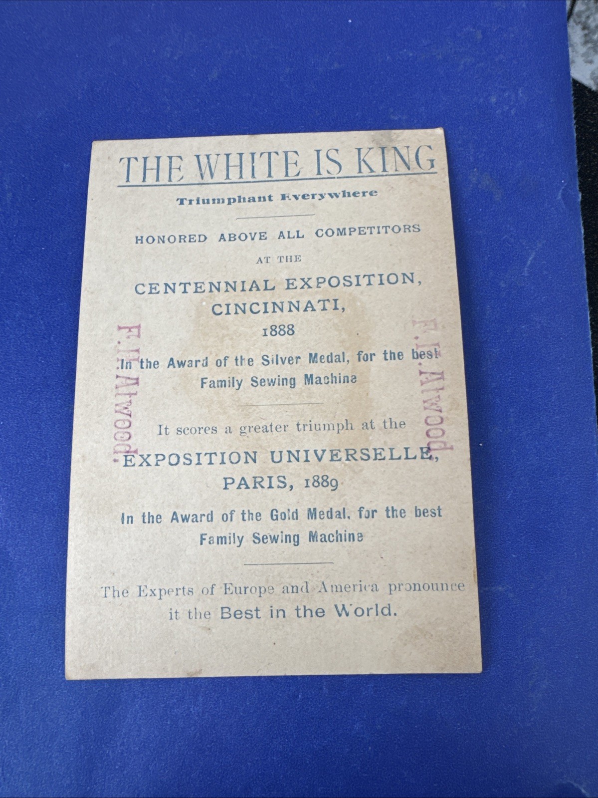 F. H. Atwood Trade Card-White Sew Machine- W344