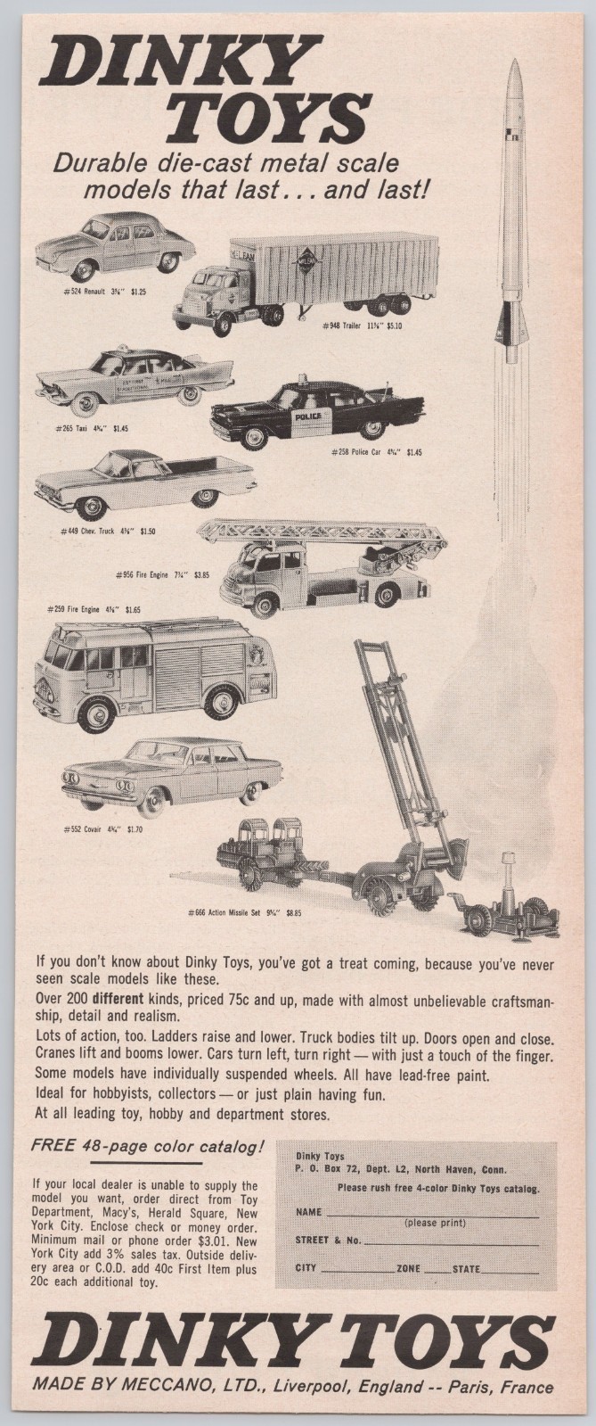 1962 Dinky Toys Vintage Print Ad Meccano Die-cast Cars Trucks Missile Set