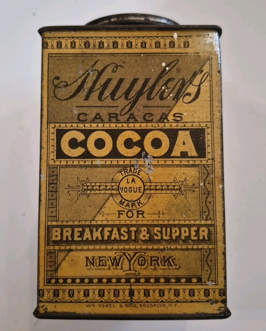 ANTIQUE HUYLER’S COCOA TIN CAN SCREW OFF LID PAINTED METAL BROOKLYN NEW YORK