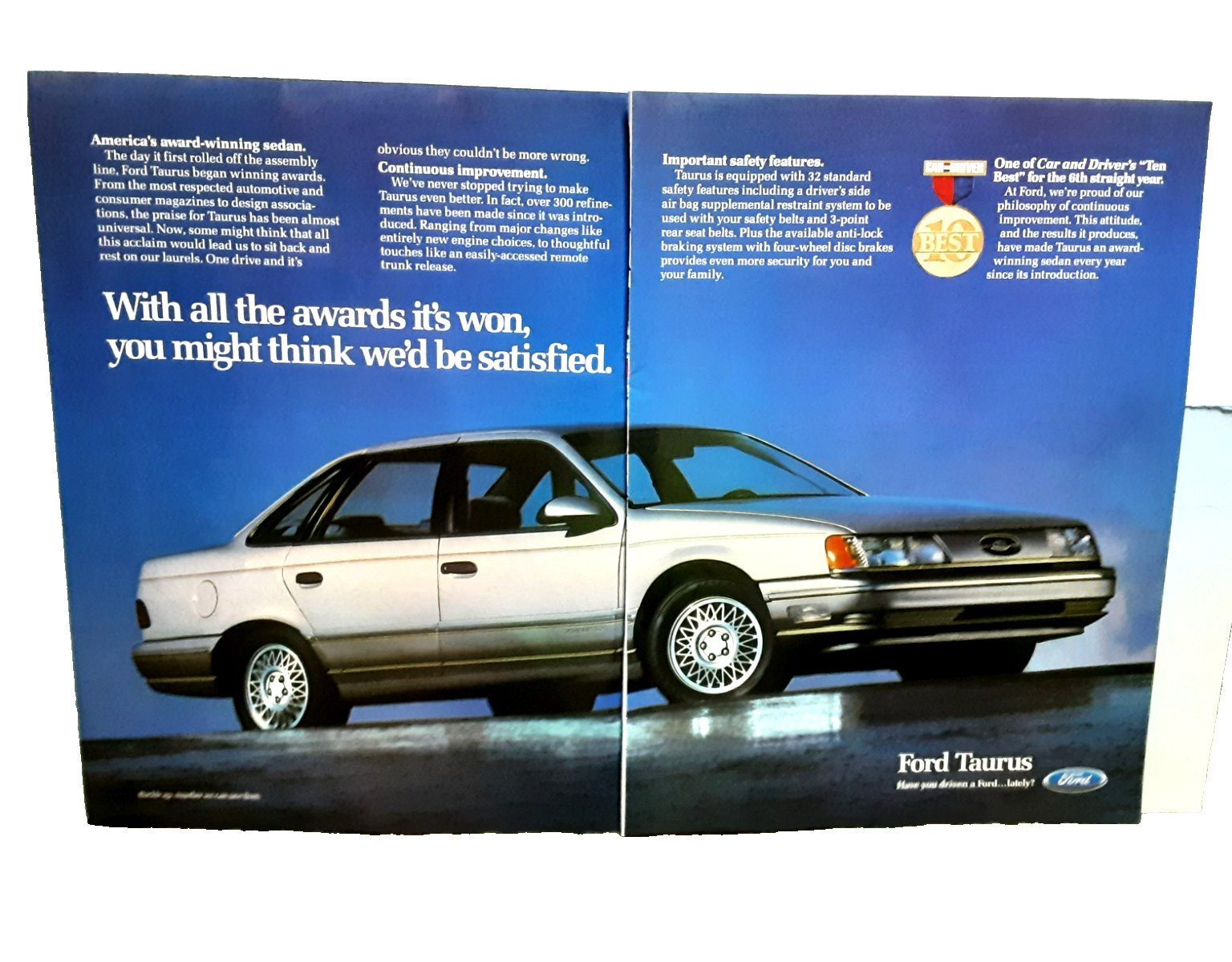 1990 Ford Taurus Ad Award Winning Sedan Car & Driver Print Advertisement