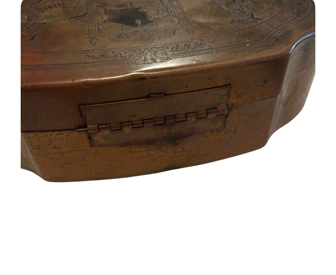 Vintage Schrafft’s Candy Box Hinged Boston MA Brass With Etched Queen Design