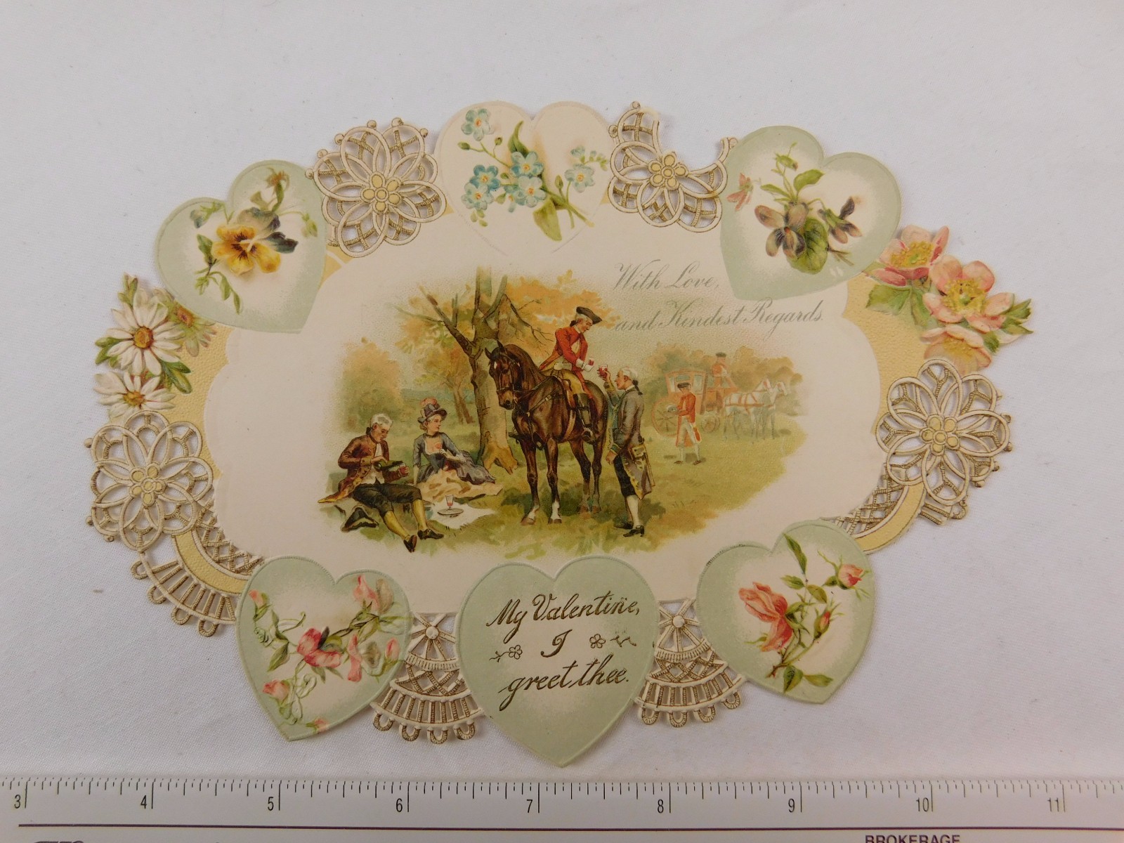 Victorian Die-Cut Embossed Valentine’s Card Horse Carriages Lady Men Hearts #B