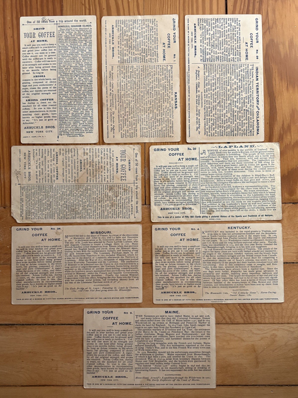 Lot (8) Original Antique Arbuckles Bros Trade Cards Ariosa Coffee Advertising