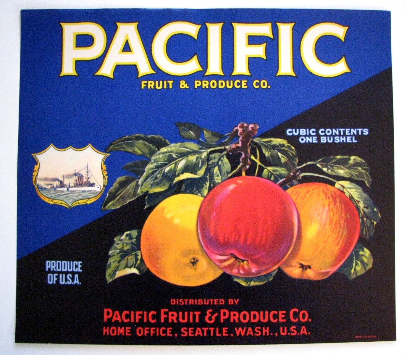 Original PACIFIC apple crate label Seattle Washington battleships