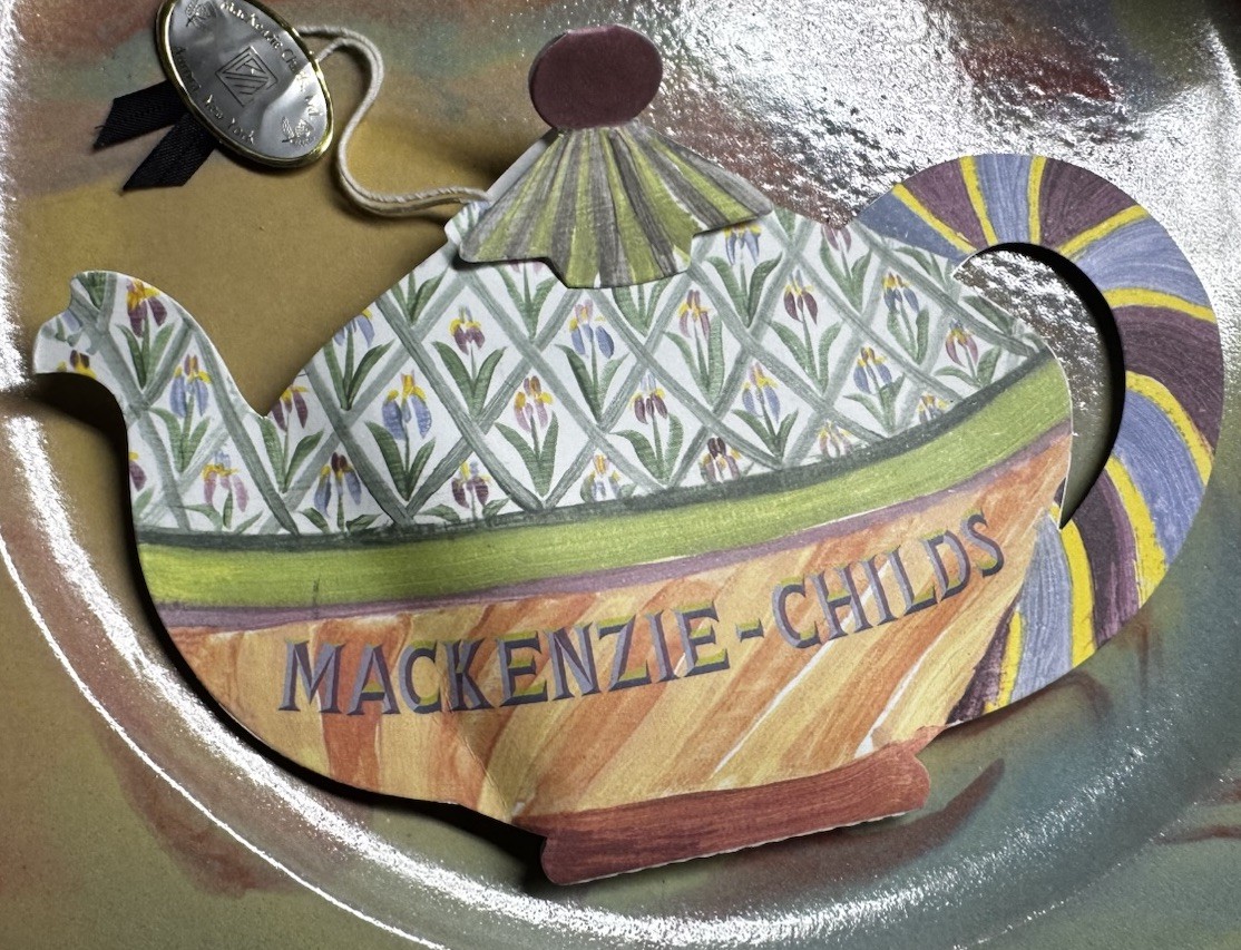 MacKenzie Childs Teapot with Tea Bag Shaped Promotional Paper Beared Iris