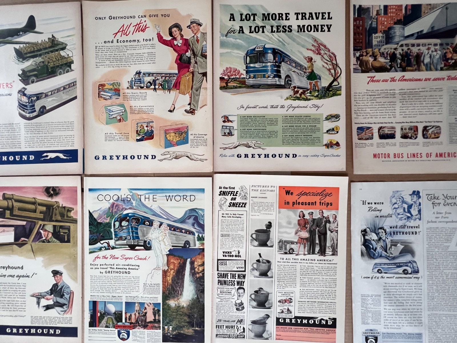 GREYHOUND BUS LINES OF AMERICA Lot 8 vintage PRINT ADS WWII Homefront 1938-1949